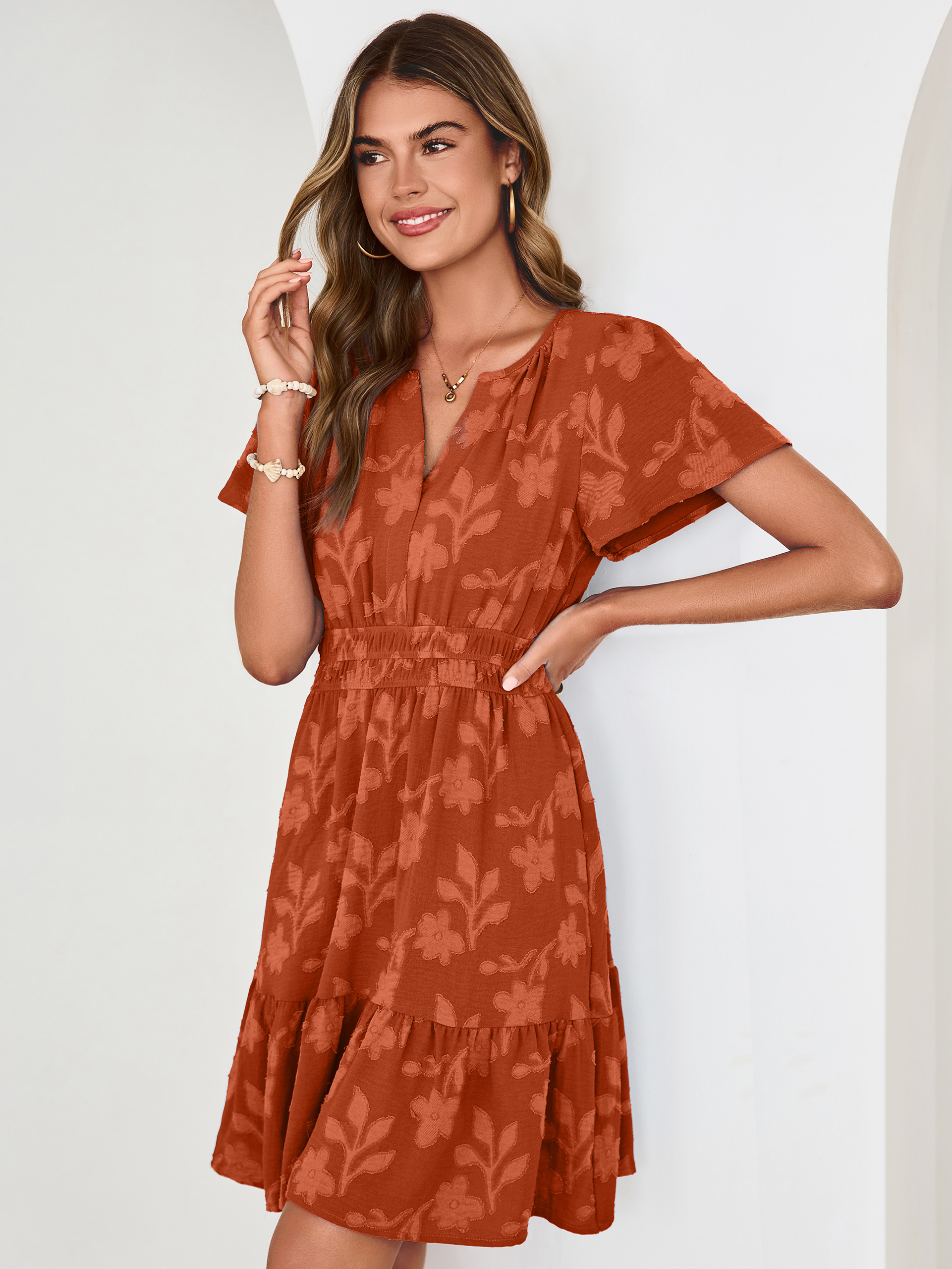 Floral Jacquard V Neck Short Sleeve Mini Dress