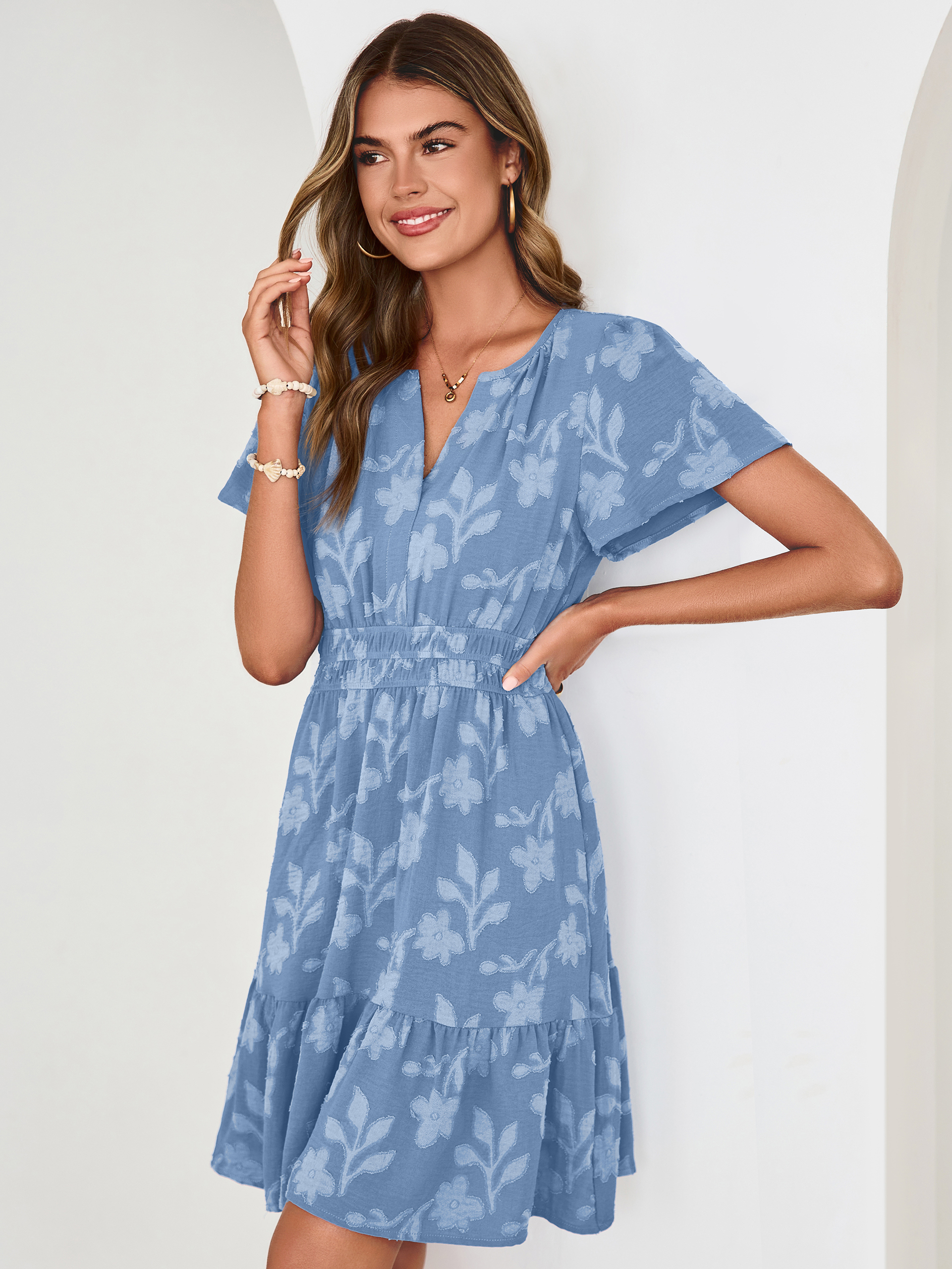 Floral Jacquard V Neck Short Sleeve Mini Dress