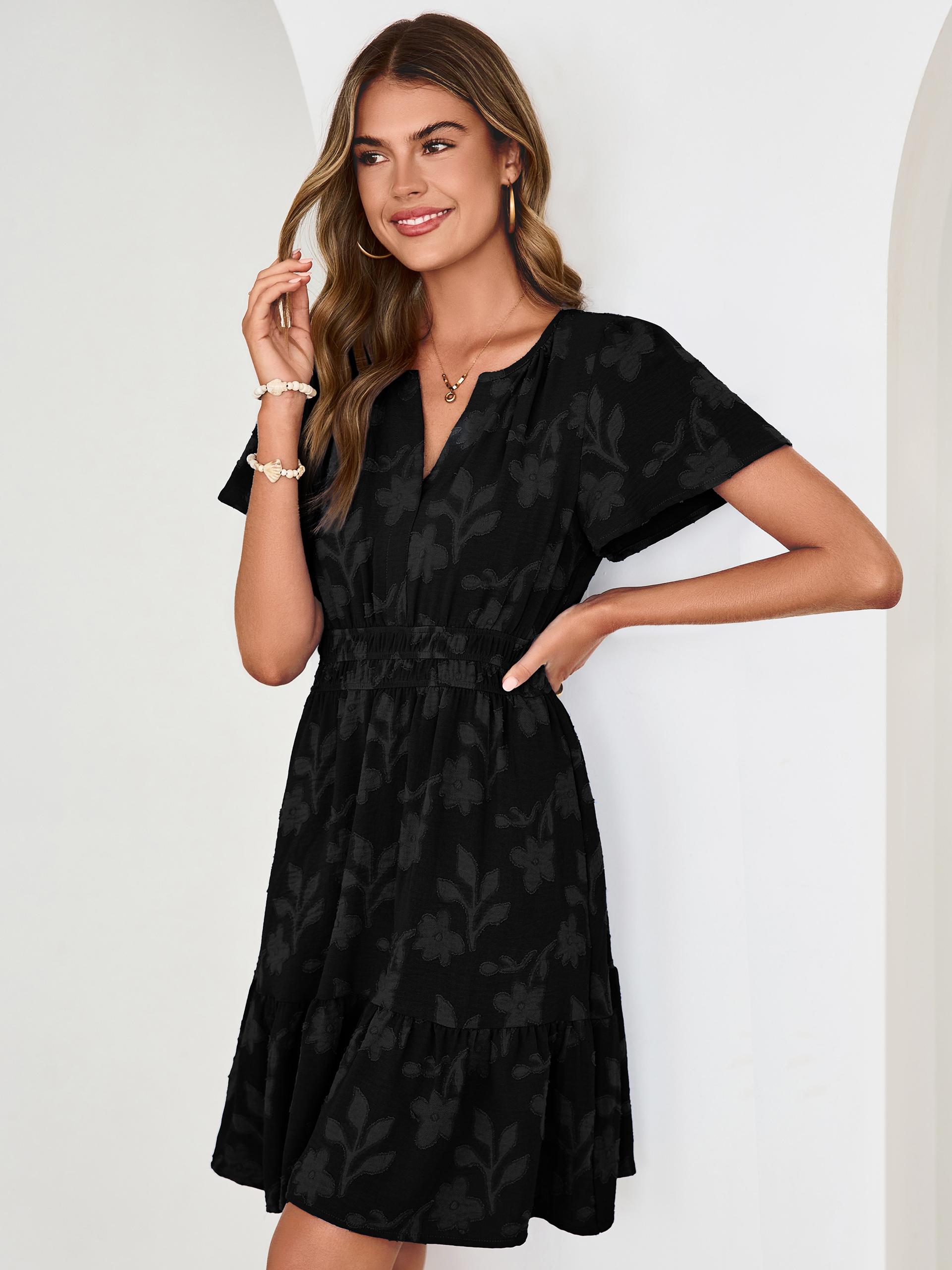 Floral Jacquard V Neck Short Sleeve Mini Dress