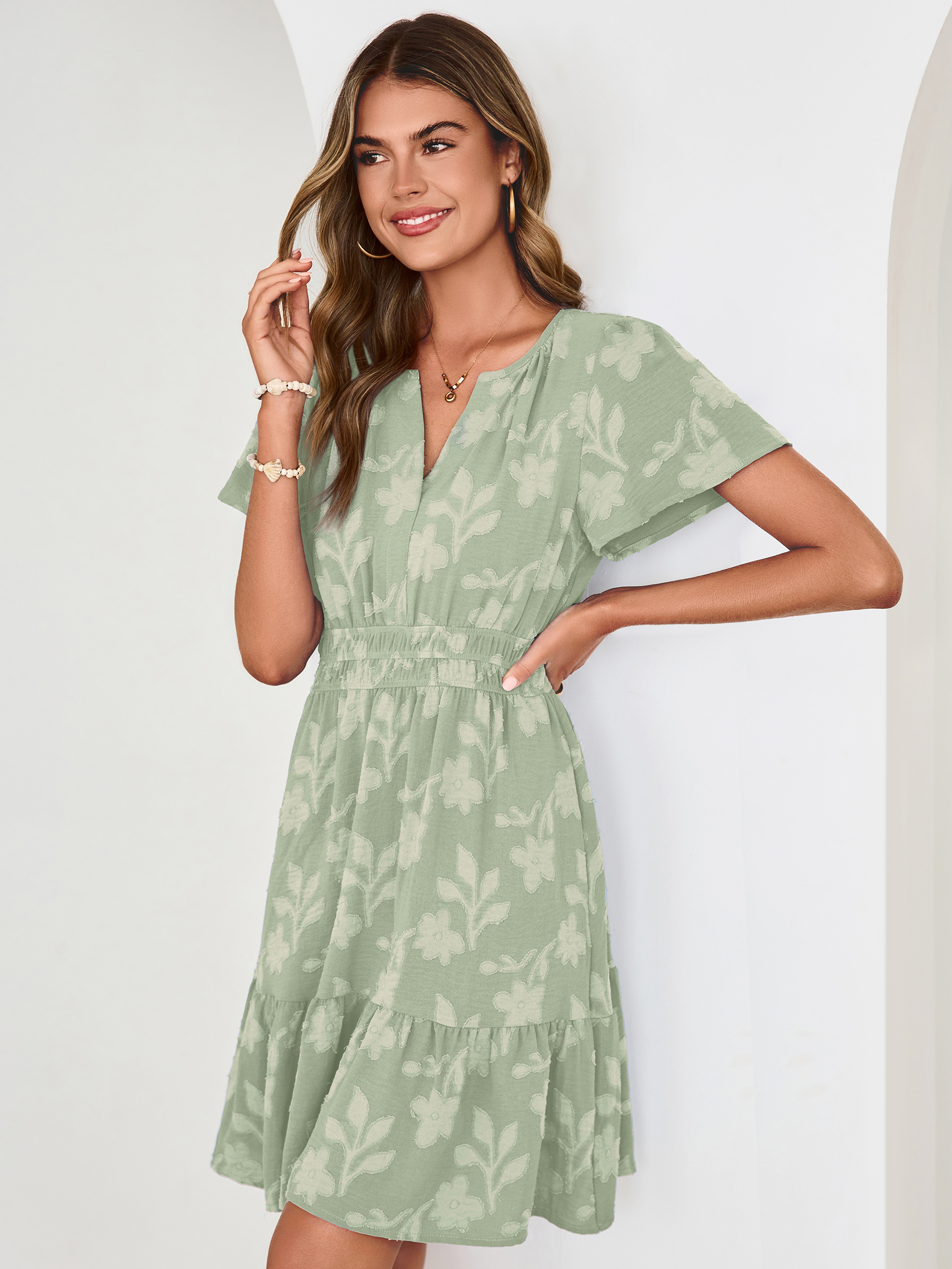 Floral Jacquard V Neck Short Sleeve Mini Dress