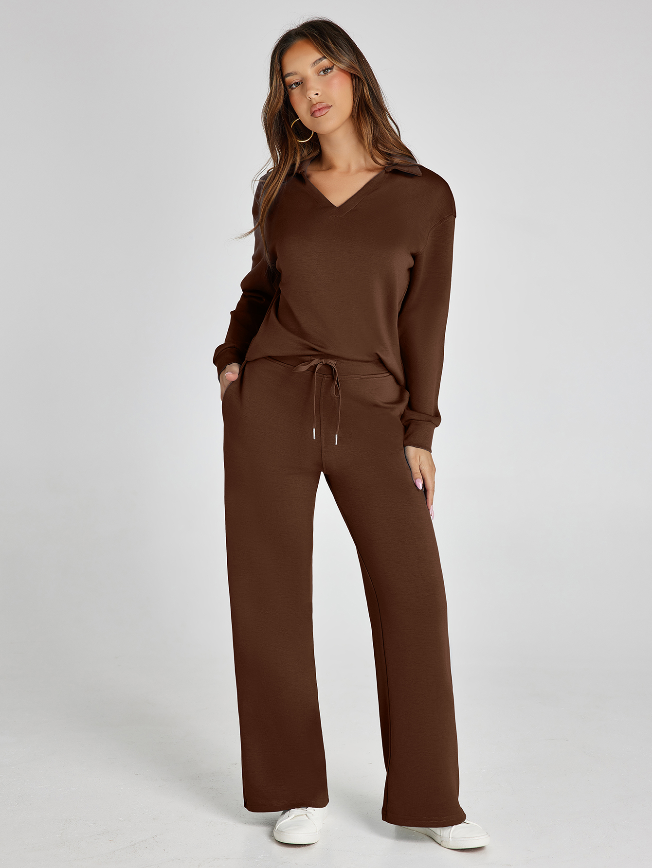 Lightweight Two Piece Polo Collar Lounge Set - Coffee