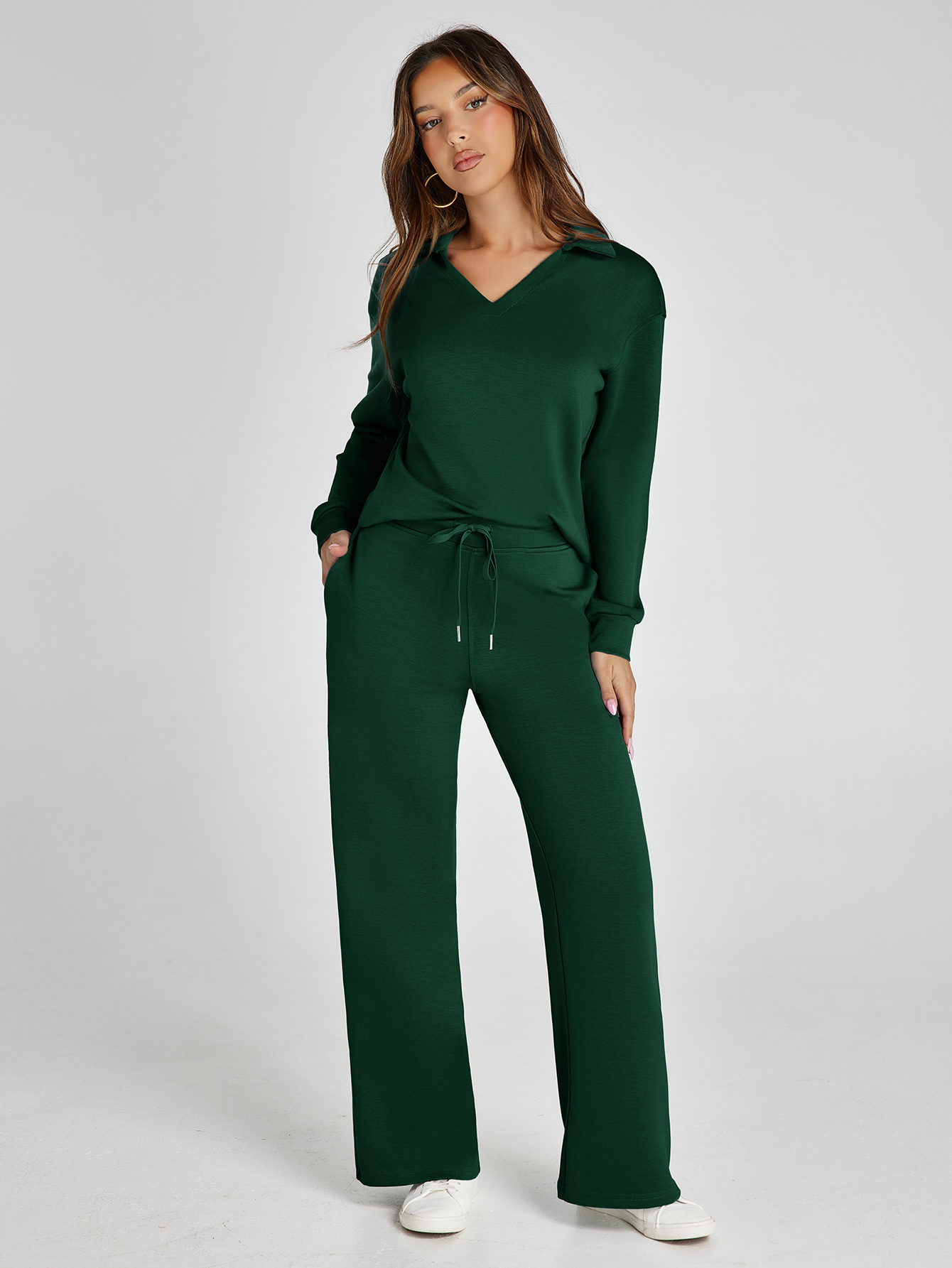 Lightweight Two Piece Polo Collar Lounge Set - Dark Green