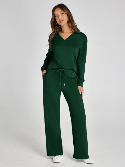 Lightweight Two Piece Polo Collar Lounge Set - Dark Green