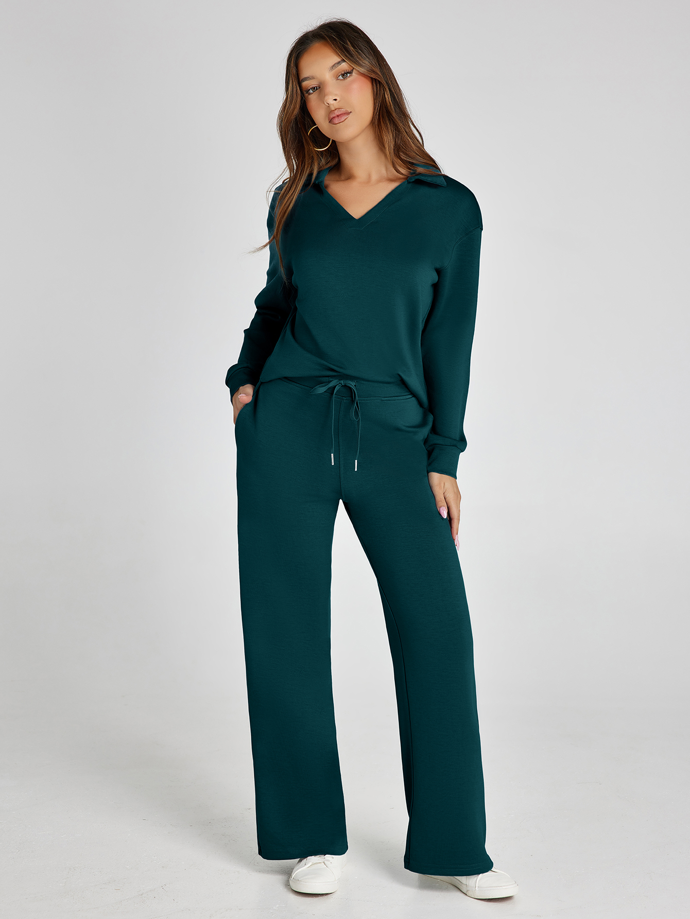 Lightweight Two Piece Polo Collar Lounge Set - Lake Blue Green