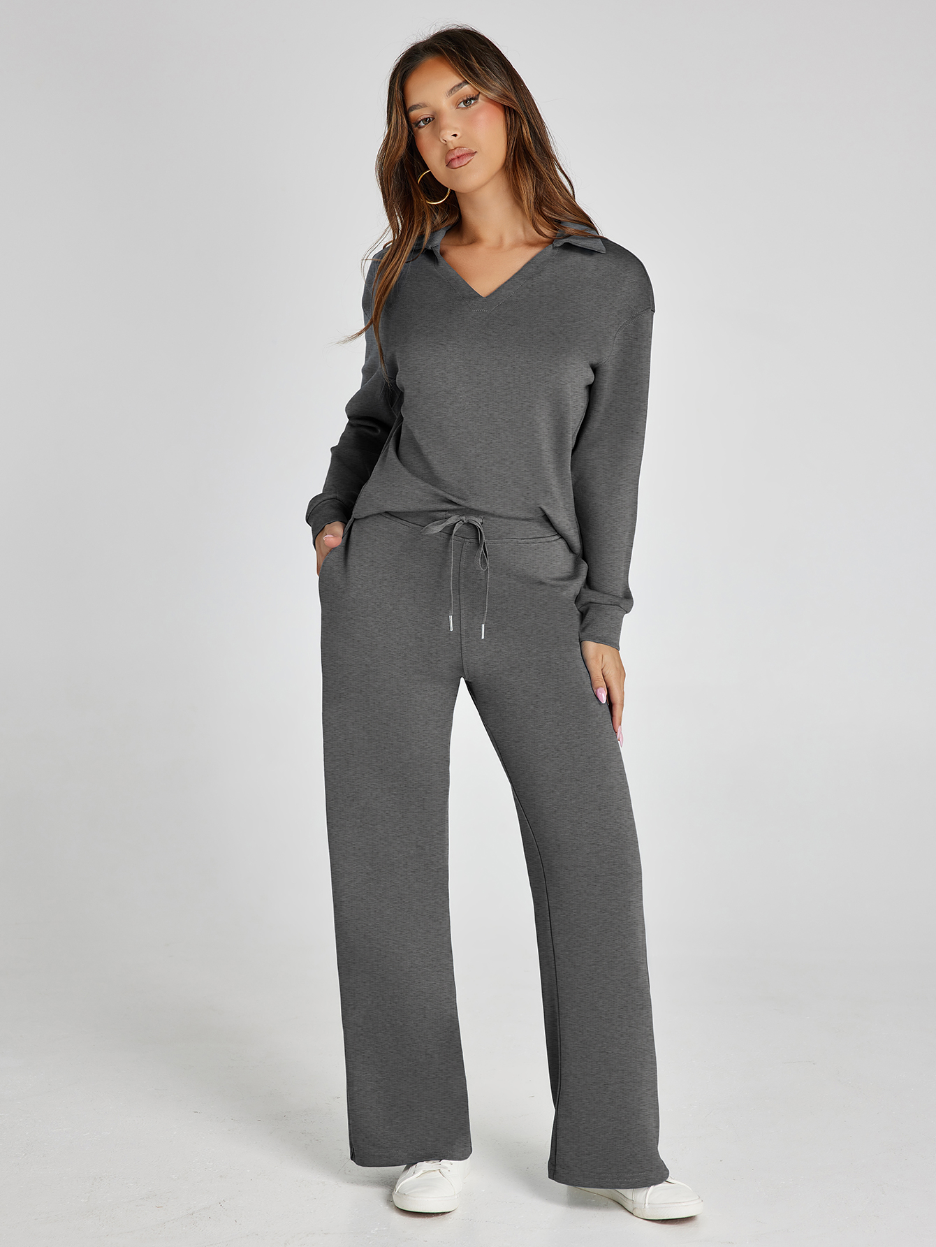 Lightweight Two Piece Polo Collar Lounge Set - Dark Grey