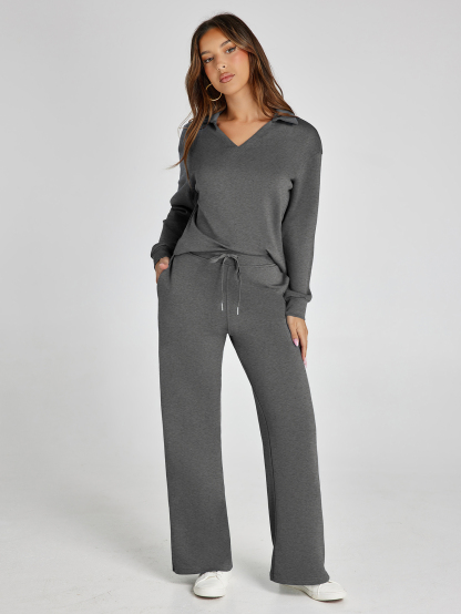 Lightweight Two Piece Polo Collar Lounge Set - Dark Grey
