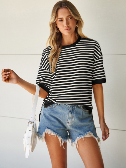 Striped Color Block Drop Shoulder Casual T-Shirt