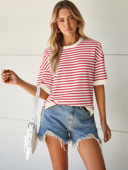 Striped Color Block Drop Shoulder Casual T-Shirt