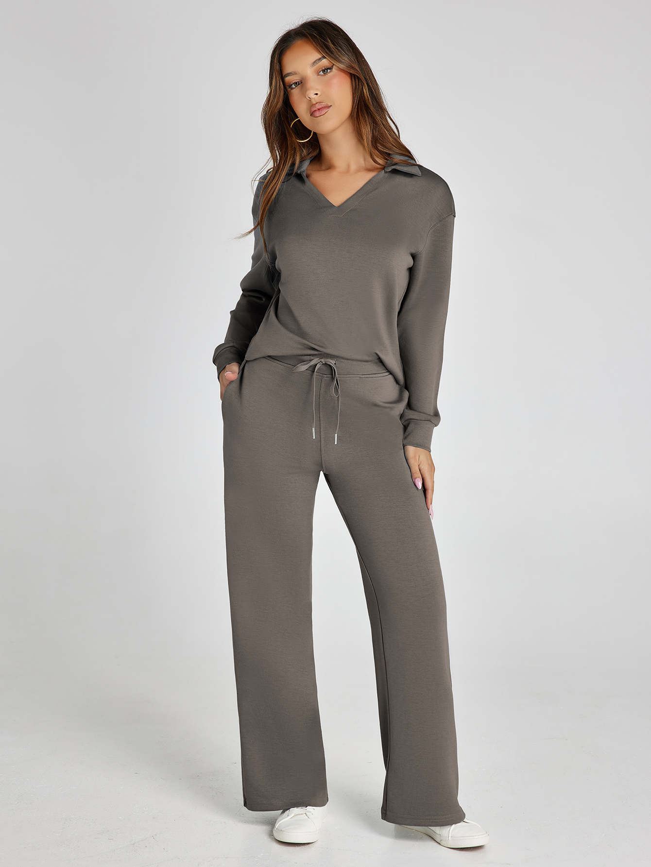 Lightweight Two Piece Polo Collar Lounge Set - Medium Grey