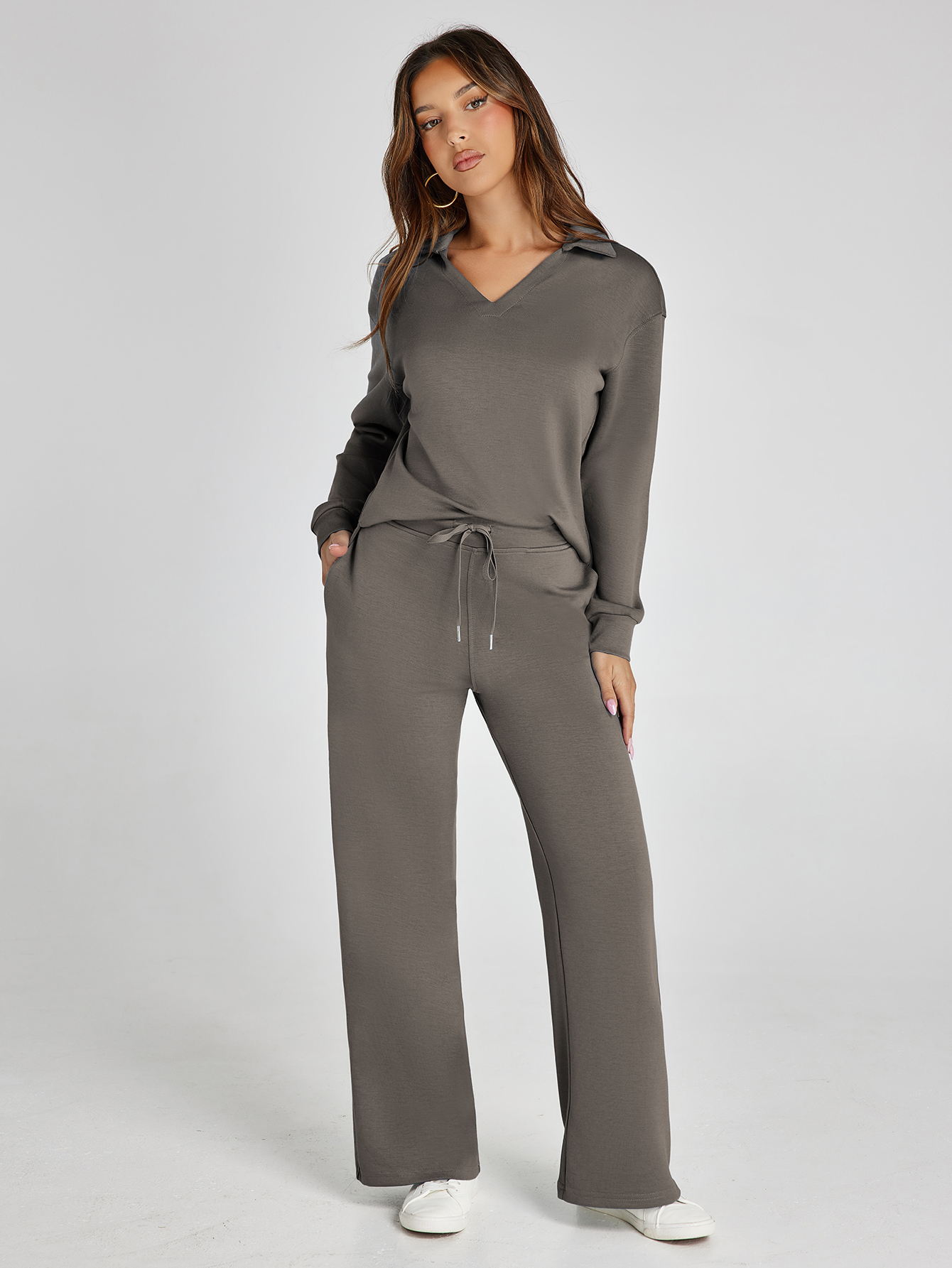 Lightweight Two Piece Polo Collar Lounge Set - Medium Grey
