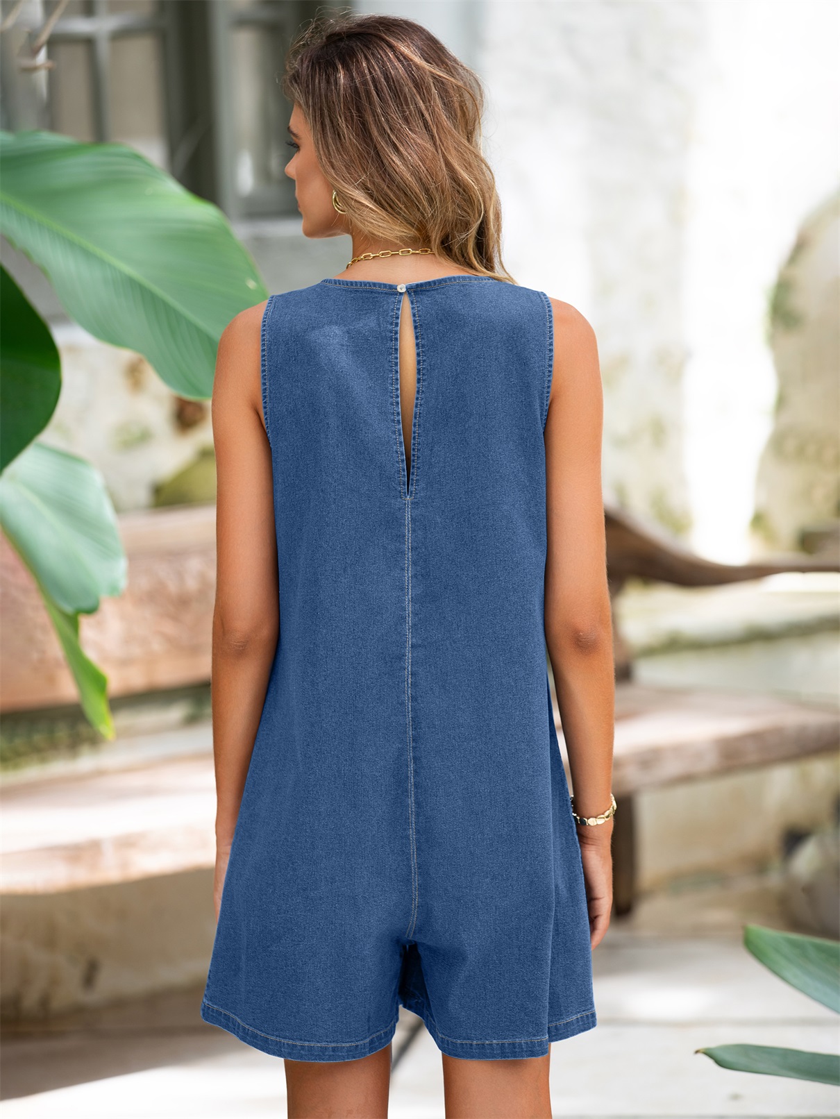 Sleeveless Crew Neck Loose Fit Denim Romper - Denim Blue