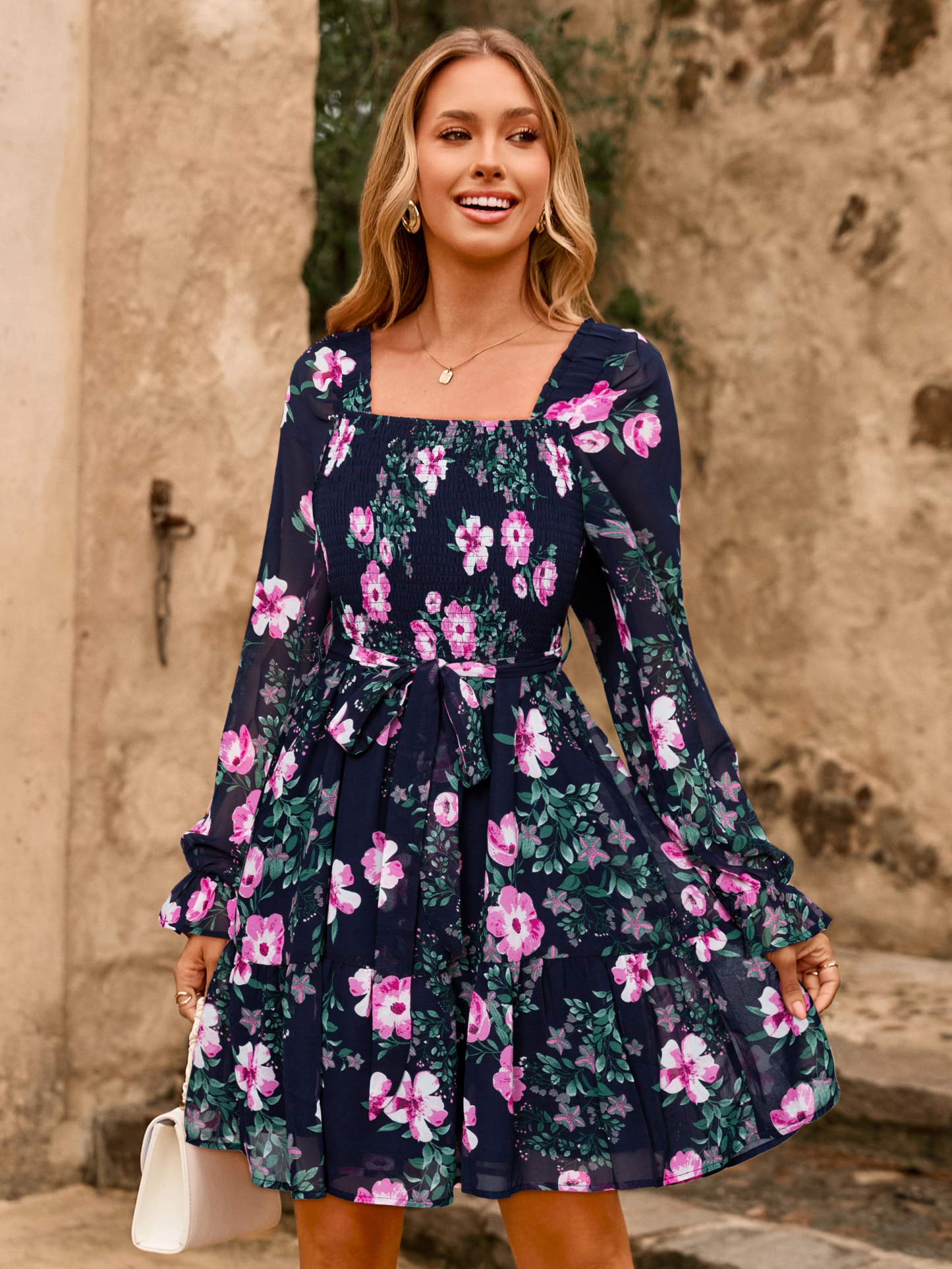 Boho Floral Chiffon Smocked Mini Dress - Navy Blue Floral