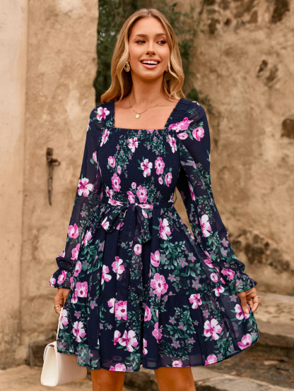 Boho Floral Chiffon Smocked Mini Dress - Navy Blue Floral