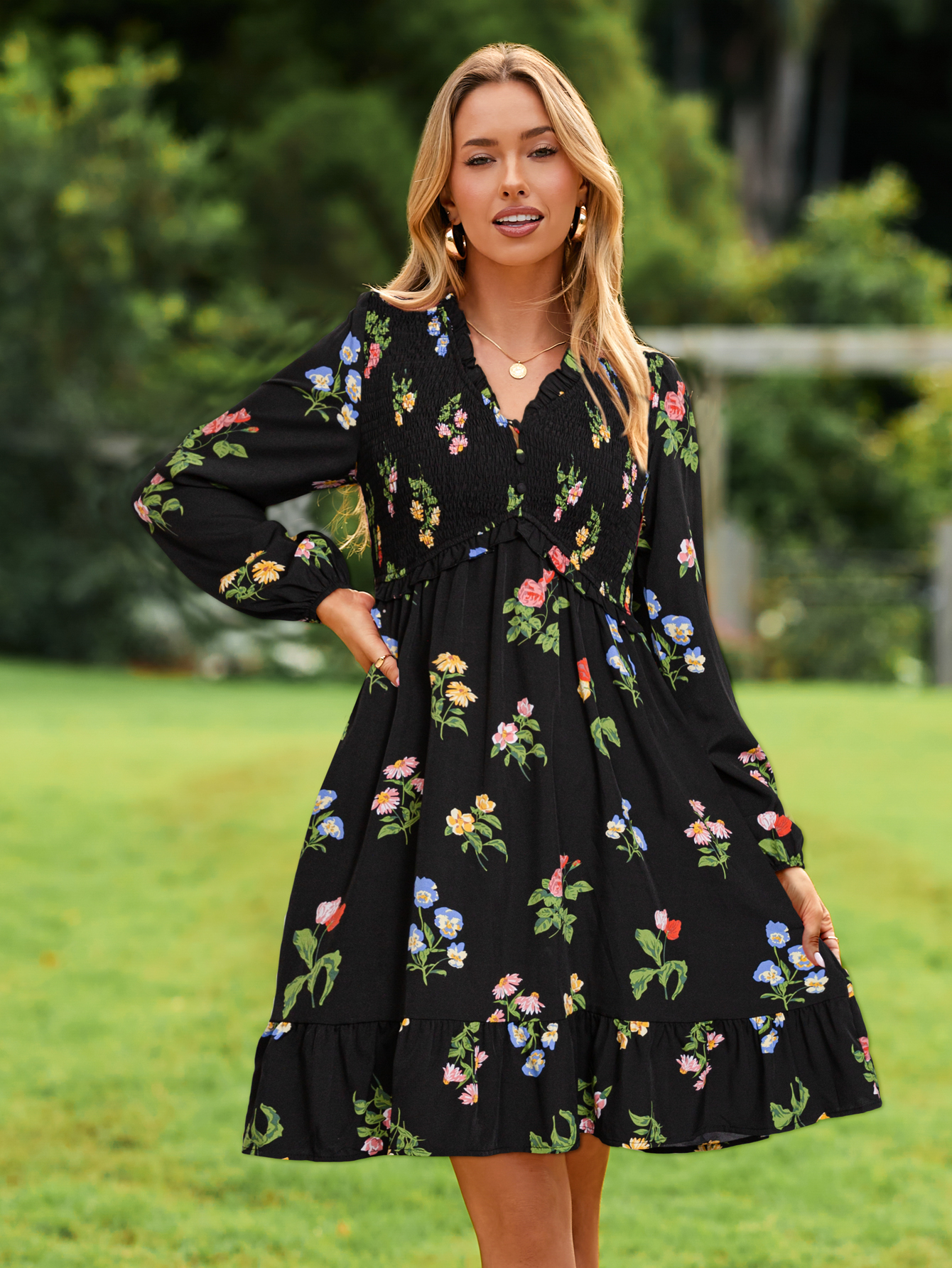 Floral Ruffle Empire Waist Babydoll Mini Dress - Floral Black