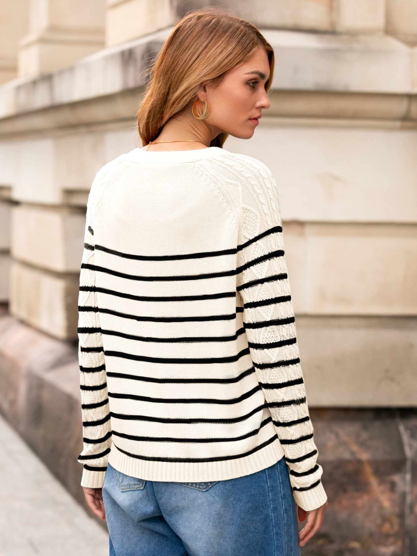 Striped V Neck Cable Knit Cardigan Sweater - Black White Stripes