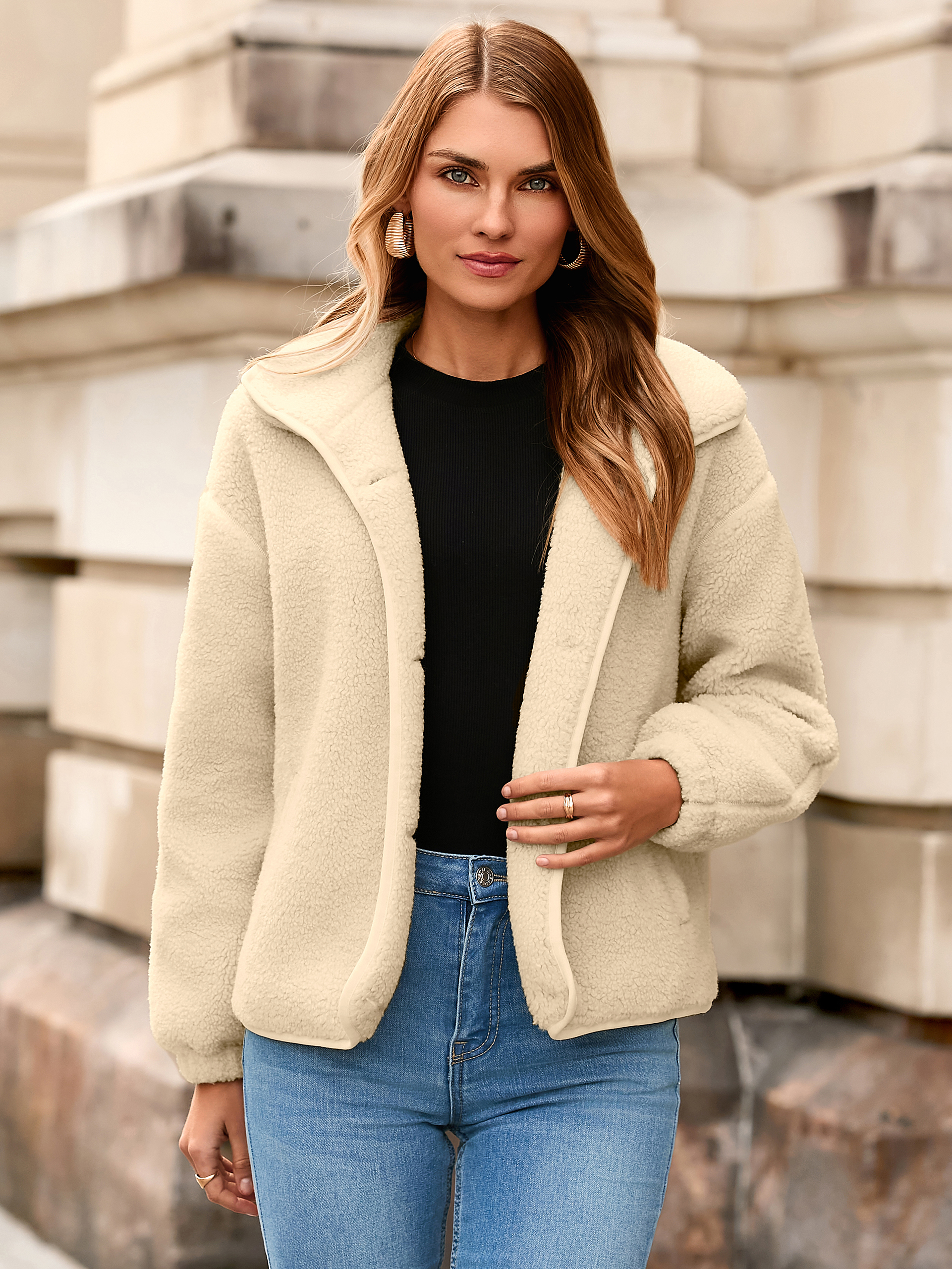 Sherpa Fleece Button Down Fuzzy Jacket with Pockets - Beige