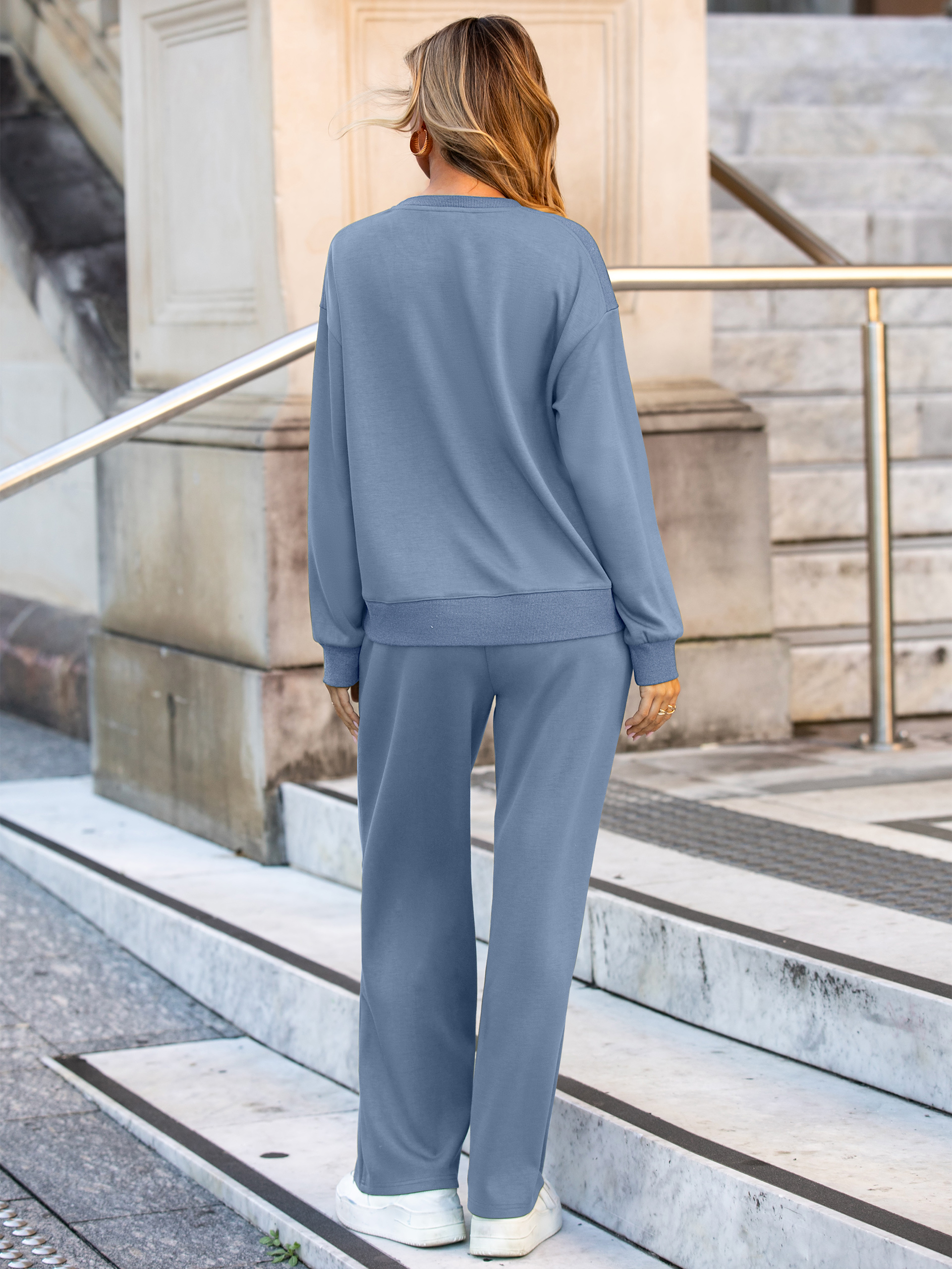 Lounge Two Piece Casual Set with Wide Pants - Blue