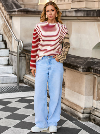 Striped Crew Neck Casual Sweatshirt -  Red White
