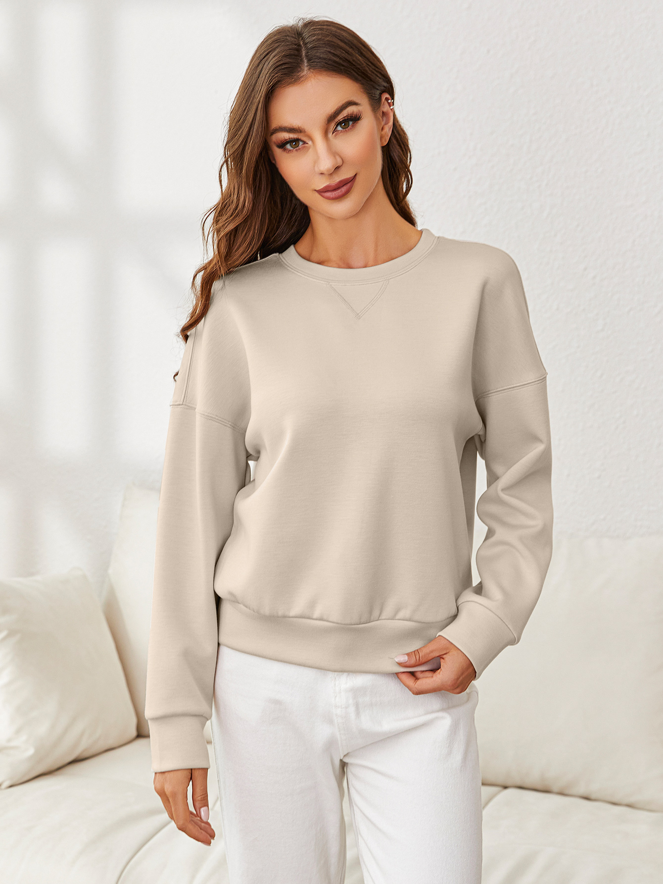 Solid Crewneck Long Sleeve Pullover Sweatshirt - Grey Khaki