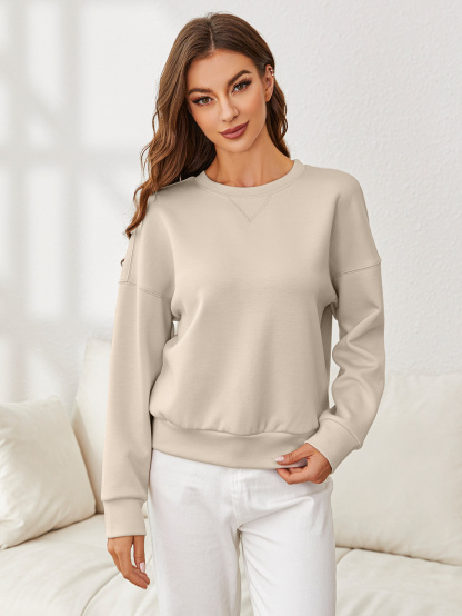 Solid Crewneck Long Sleeve Pullover Sweatshirt - Grey Khaki