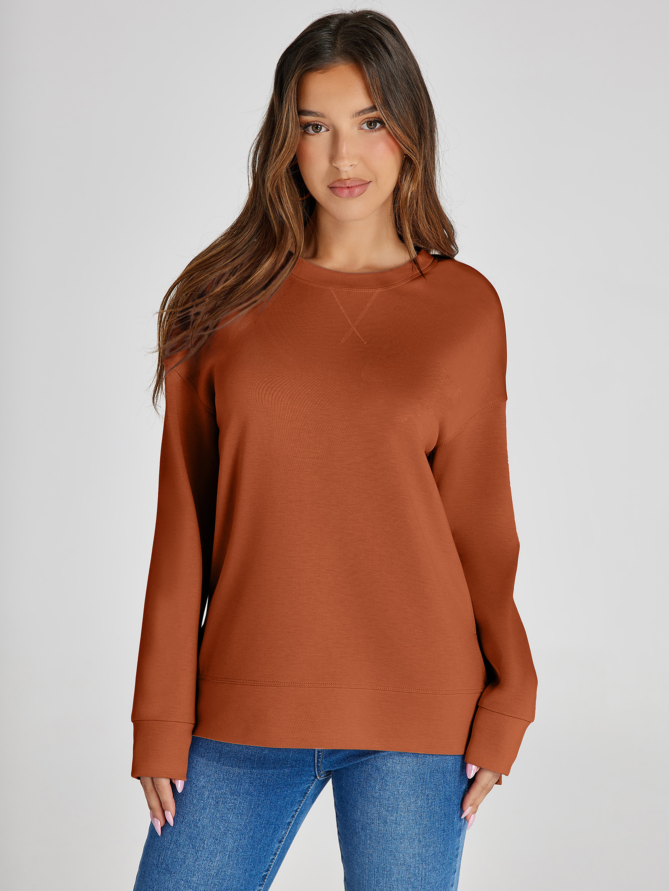 Crewneck Raglan Long Sleeve Loose Sweatshirt - Burnt Orange