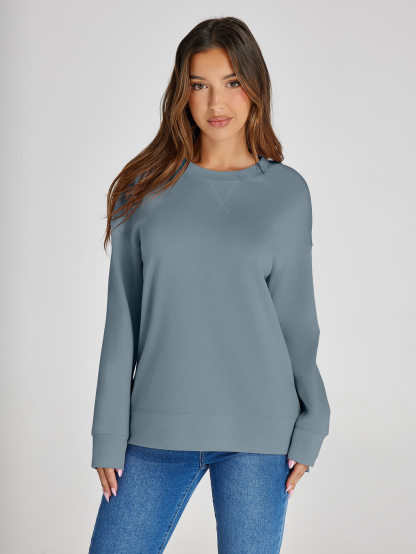 Crewneck Raglan Long Sleeve Loose Sweatshirt - Blue Grey