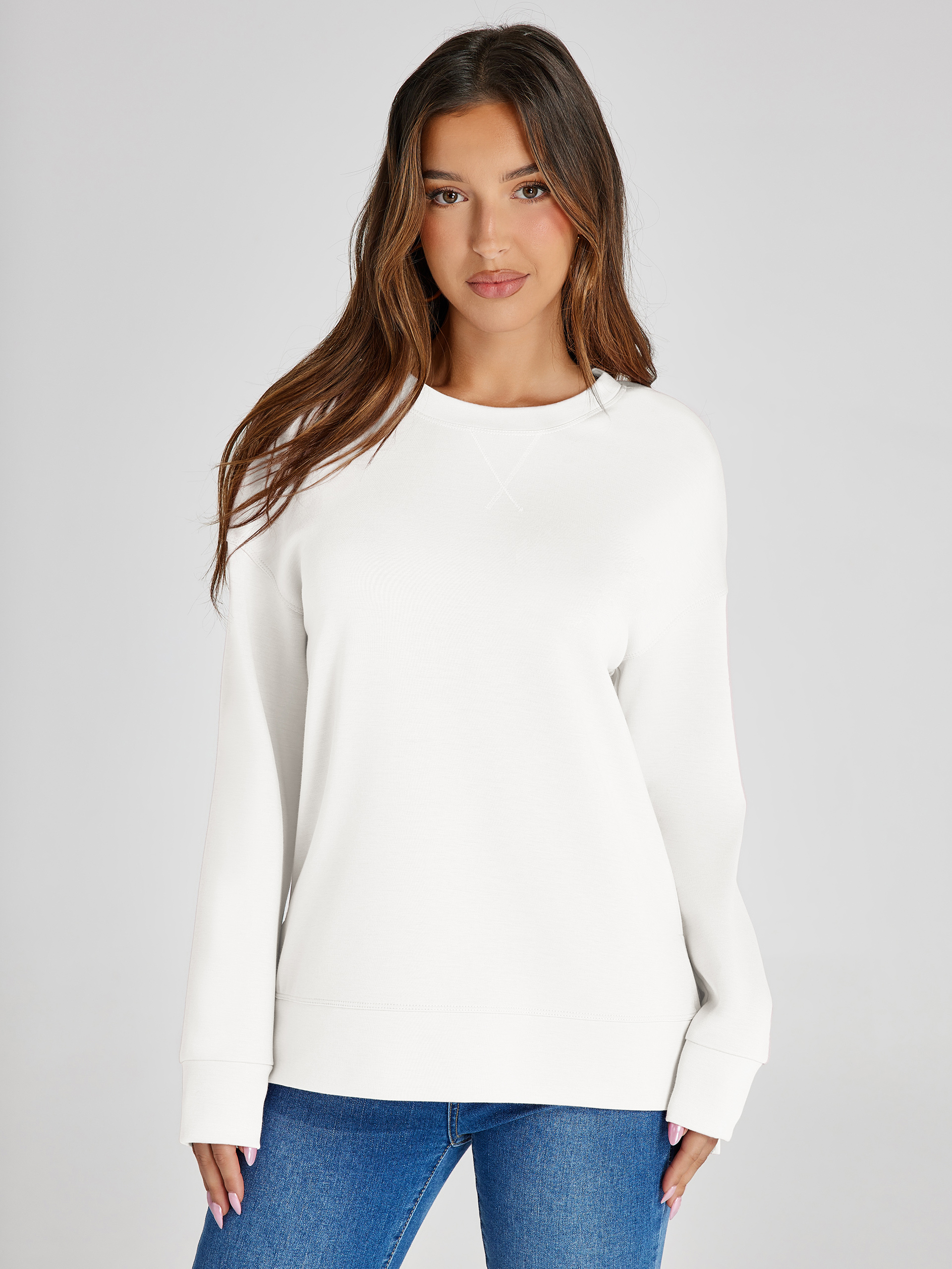 Crewneck Raglan Long Sleeve Loose Sweatshirt - White