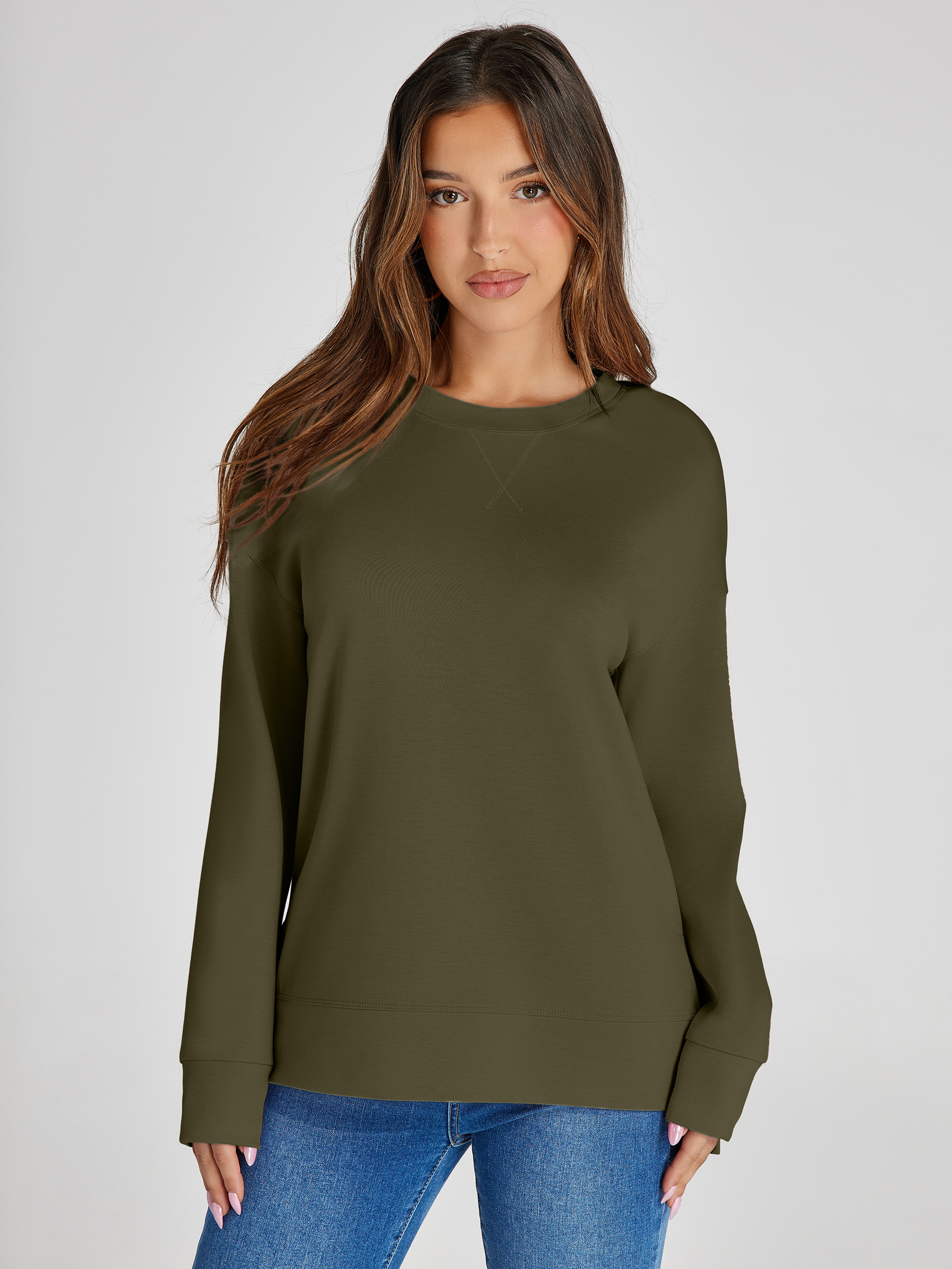 Crewneck Raglan Long Sleeve Loose Sweatshirt - Army Green