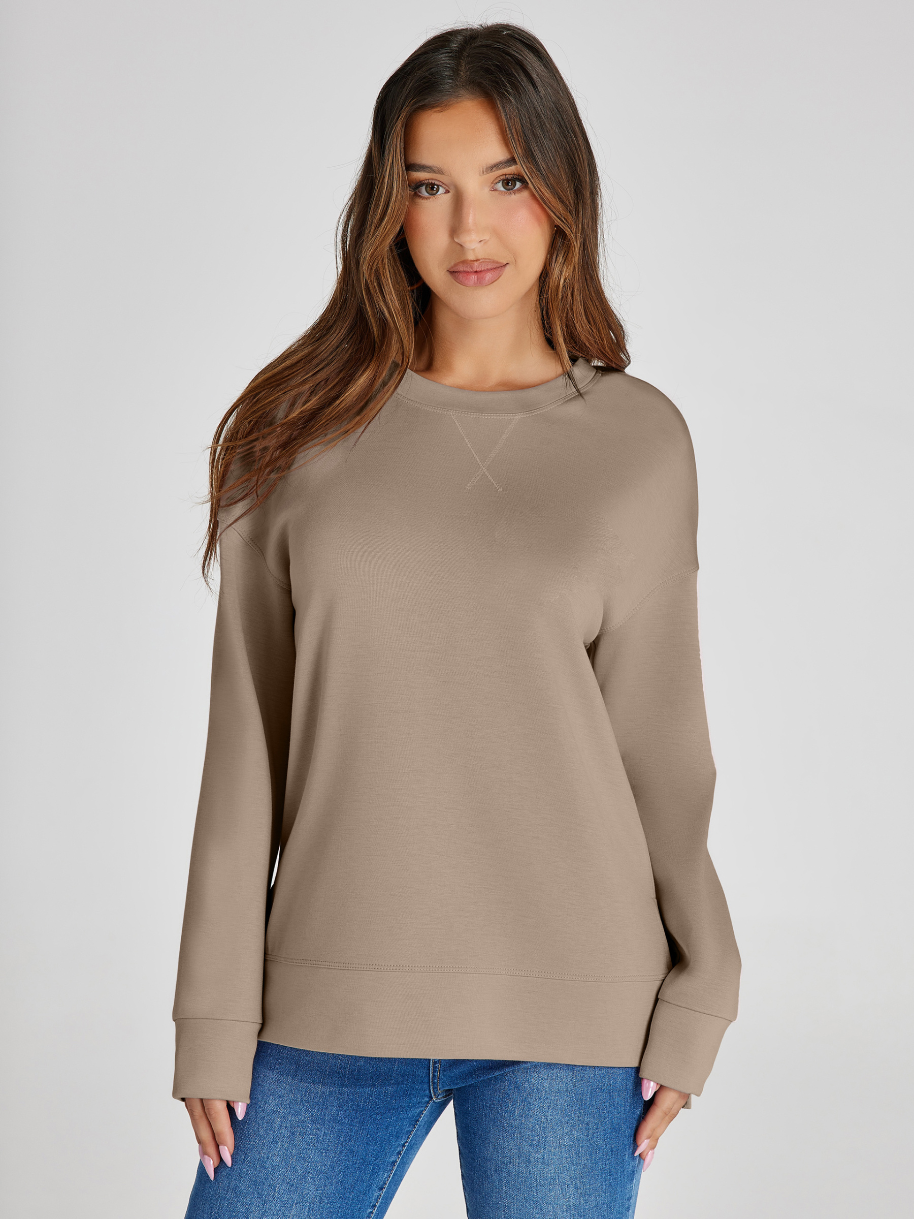 Crewneck Raglan Long Sleeve Loose Sweatshirt - Coffee Gray
