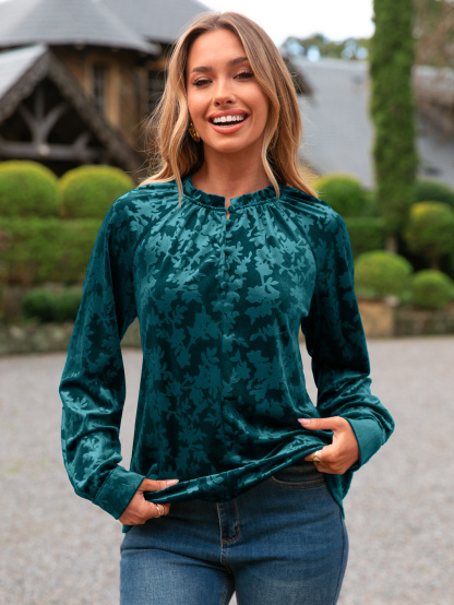 Velvet Button Down Long Sleeve Dressy Casual Blouse