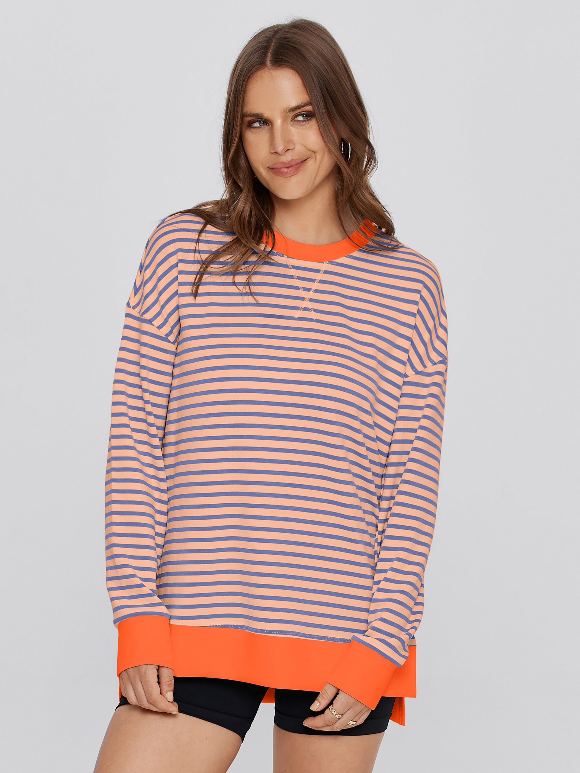 Crewneck Striped Pullover Sweatshirt - Striped-Pink Orange