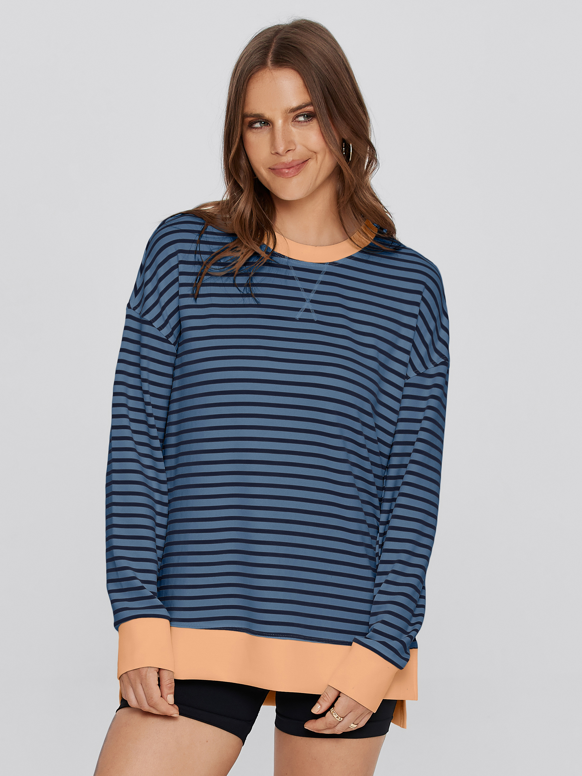 Crewneck Striped Pullover Sweatshirt - Striped-Navy Orange
