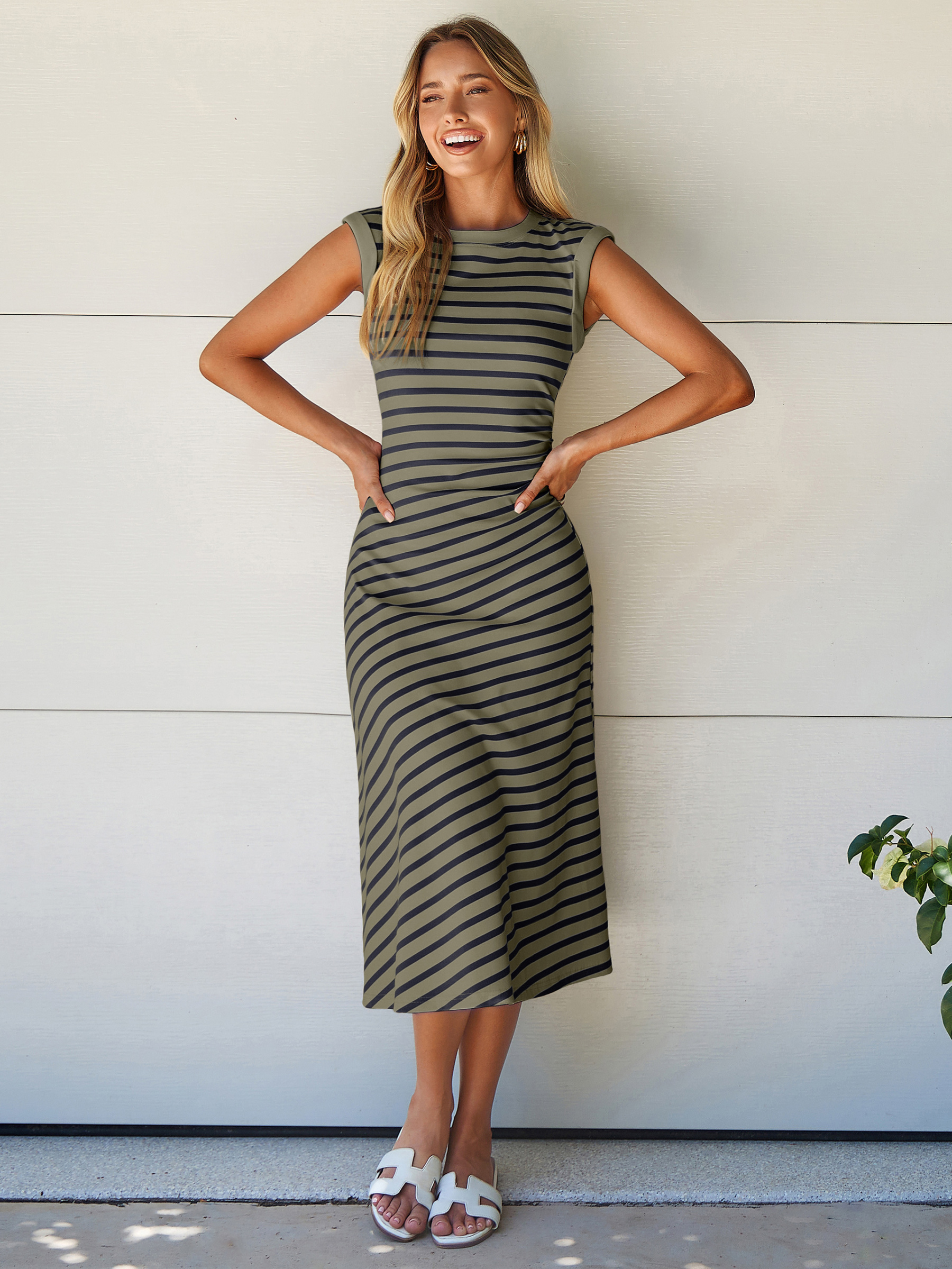 Striped Sleeveless Crew Neck A-Line Midi Dress