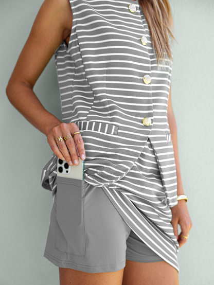 Striped Sleeveless Button Top and Skort Set