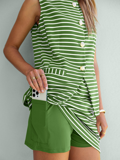 Striped Sleeveless Button Top and Skort Set