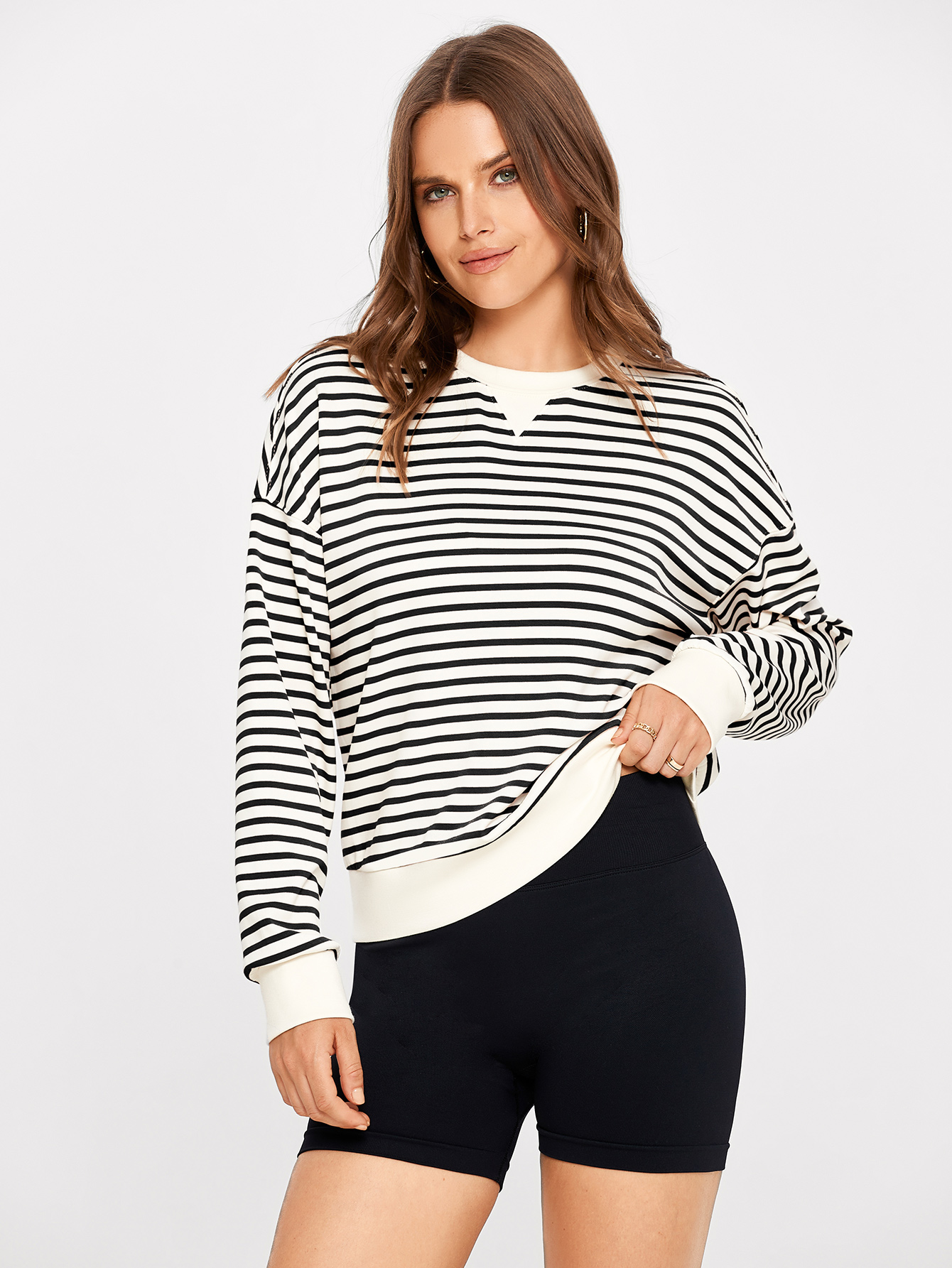 Classic Striped Crewneck Long Sleeve Crop Pullover