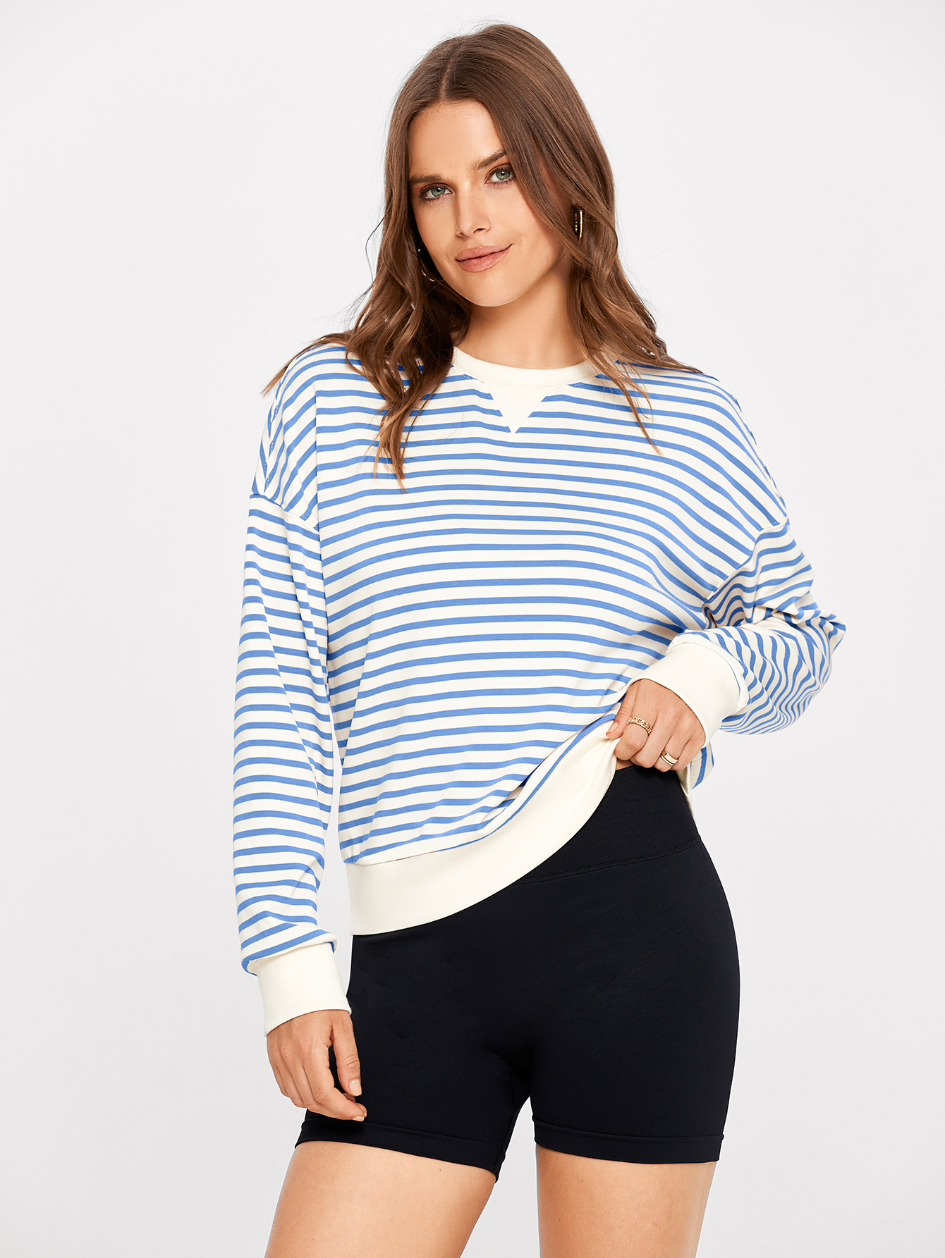 Classic Striped Crewneck Long Sleeve Crop Pullover