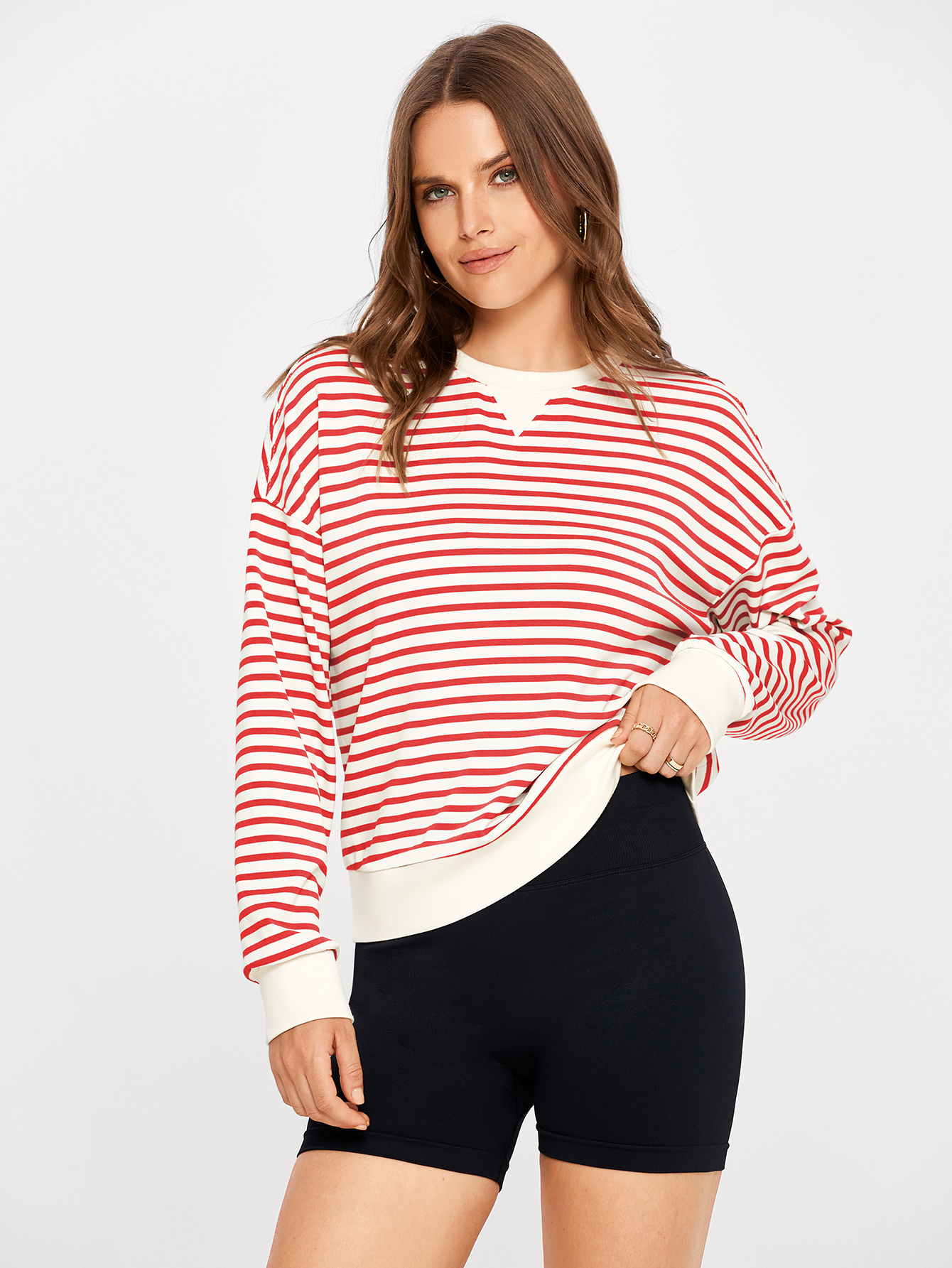 Classic Striped Crewneck Long Sleeve Crop Pullover