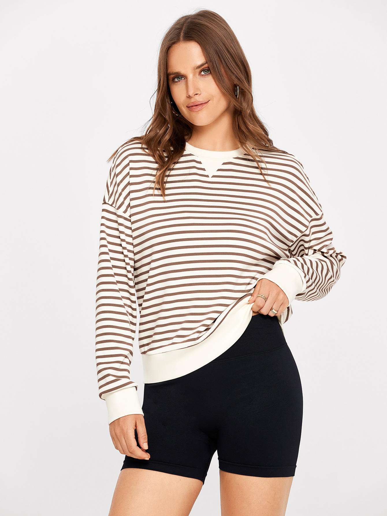 Classic Striped Crewneck Long Sleeve Crop Pullover