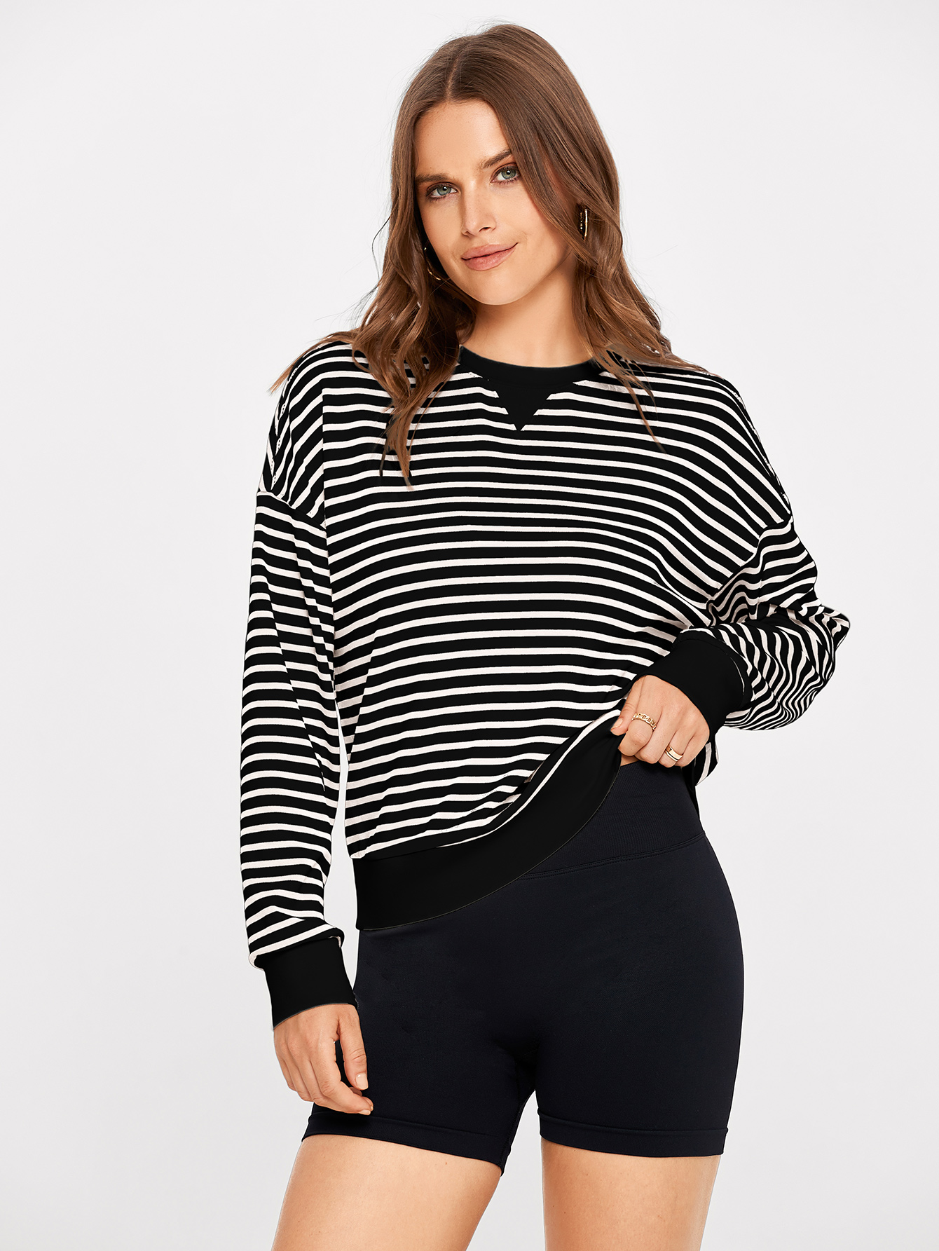 Classic Striped Crewneck Long Sleeve Crop Pullover