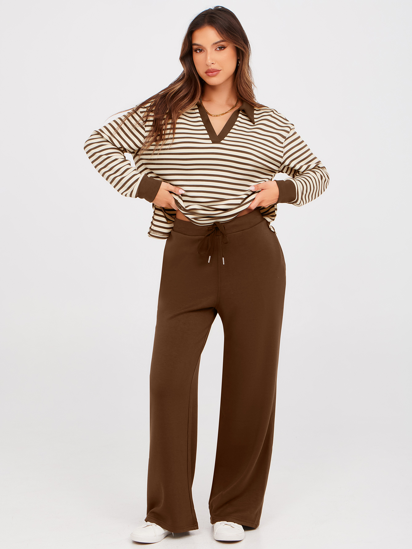 V-Neck Polo Striped Top Wide Leg Lounge Set