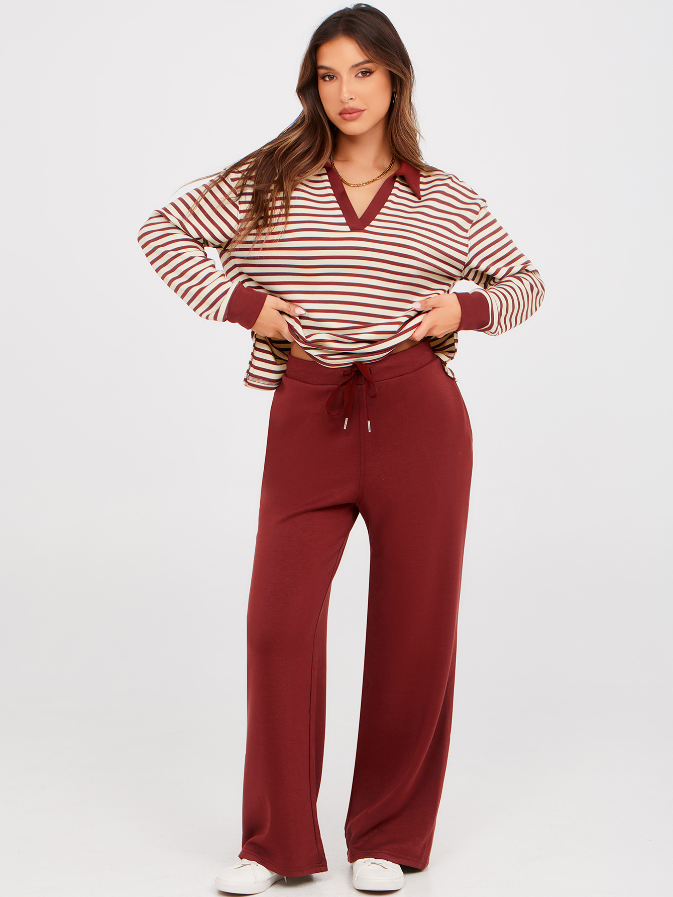 V-Neck Polo Striped Top Wide Leg Lounge Set