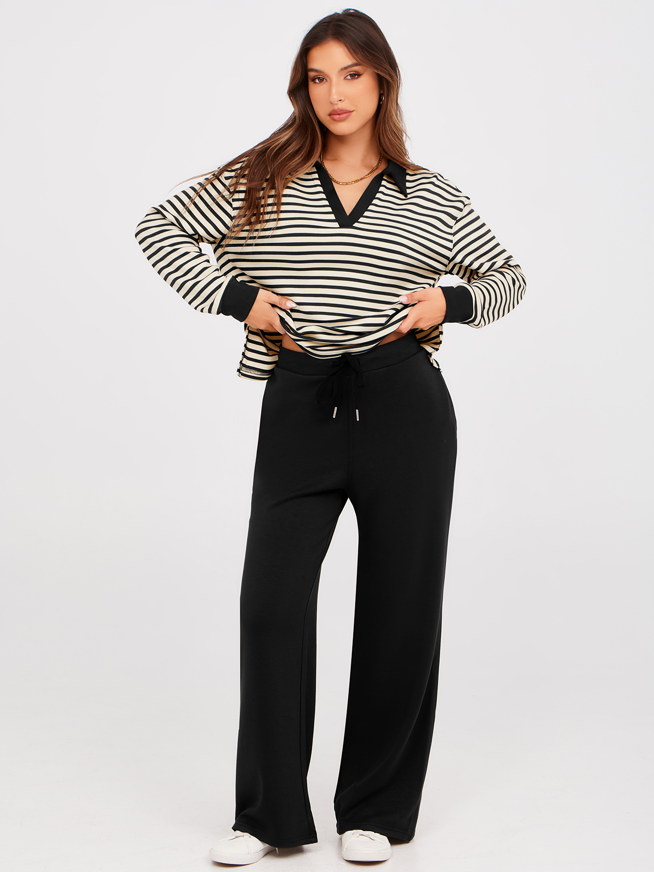 V-Neck Polo Striped Top Wide Leg Lounge Set