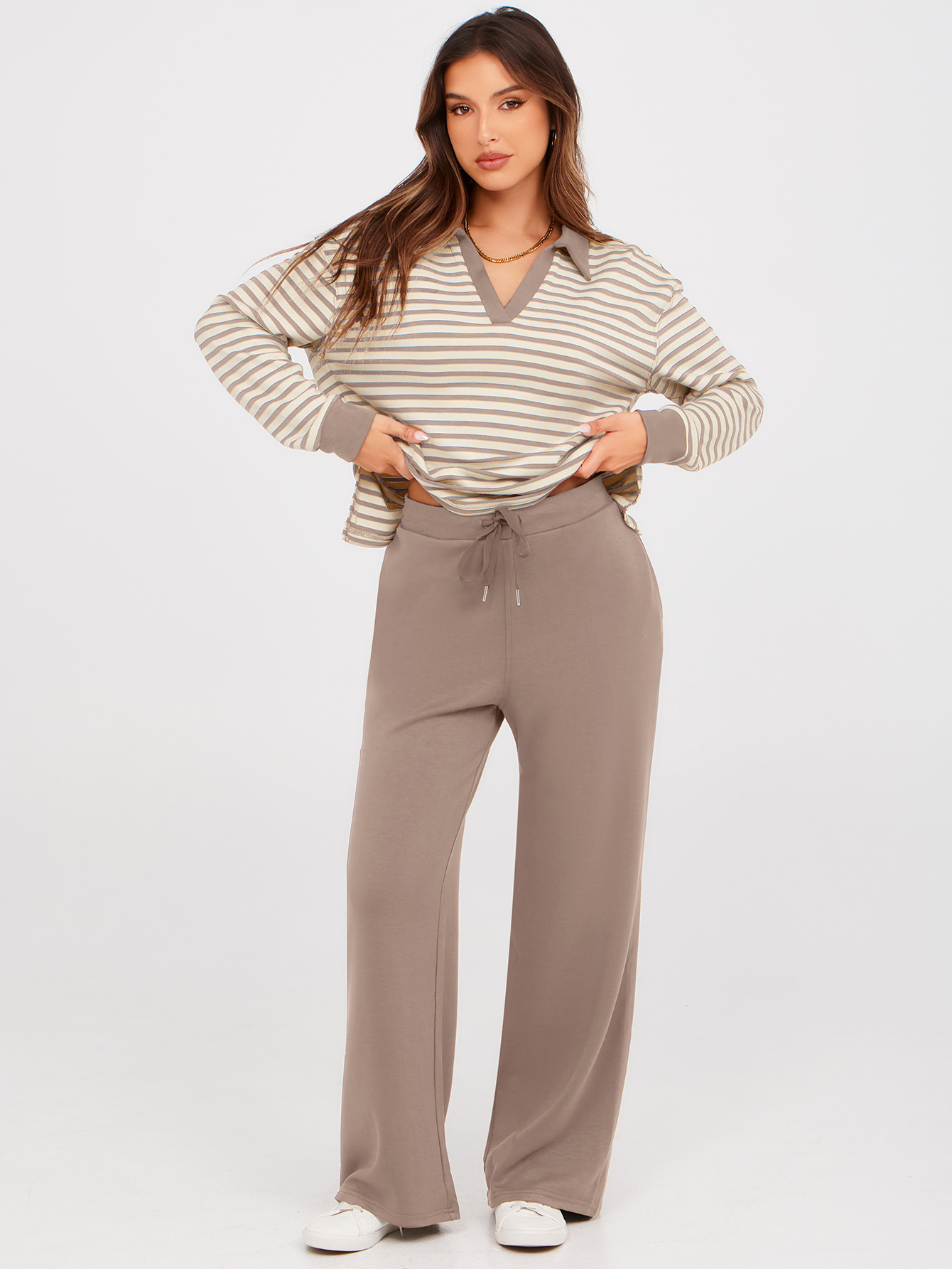 V-Neck Polo Striped Top Wide Leg Lounge Set