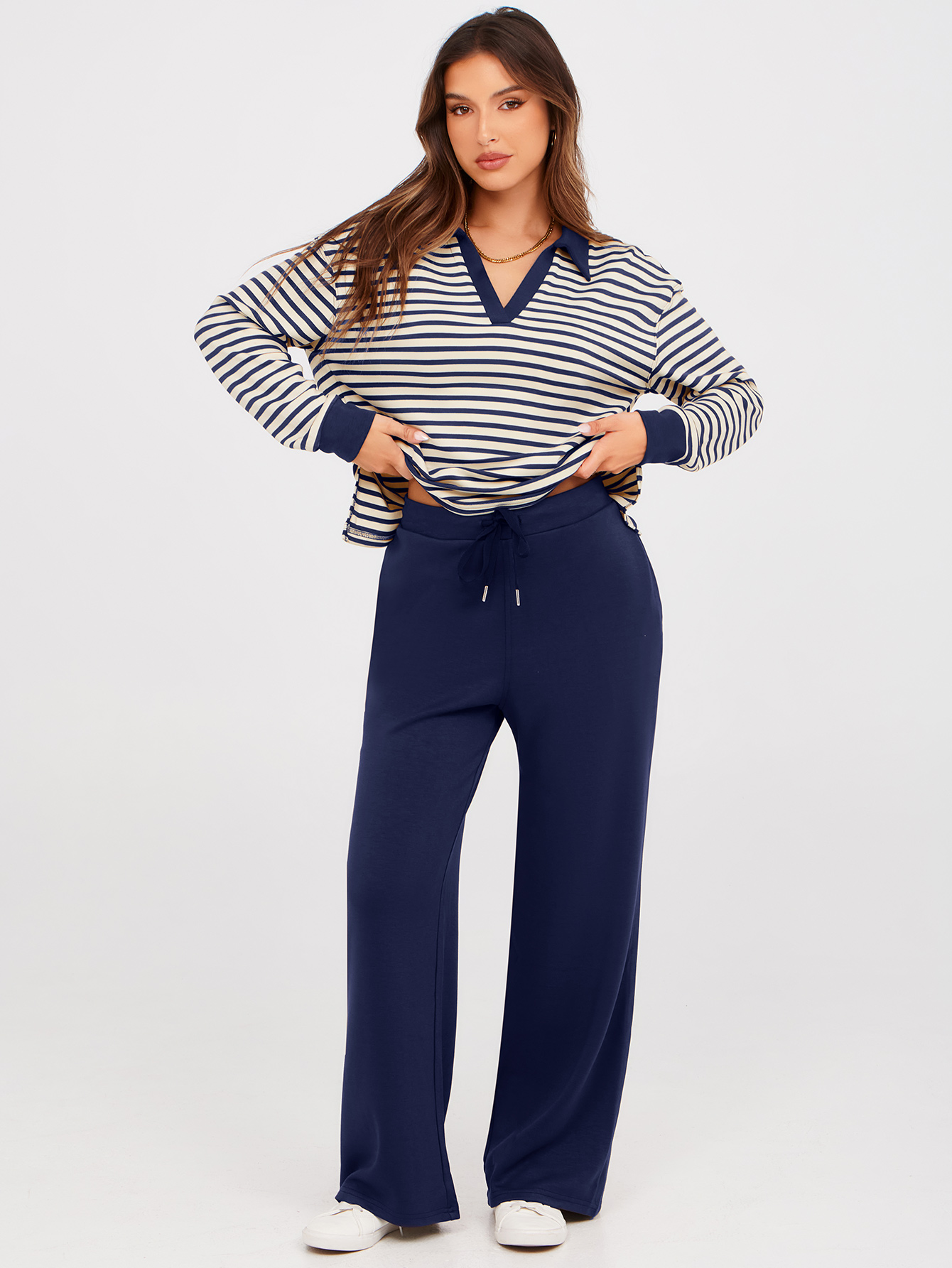 V-Neck Polo Striped Top Wide Leg Lounge Set