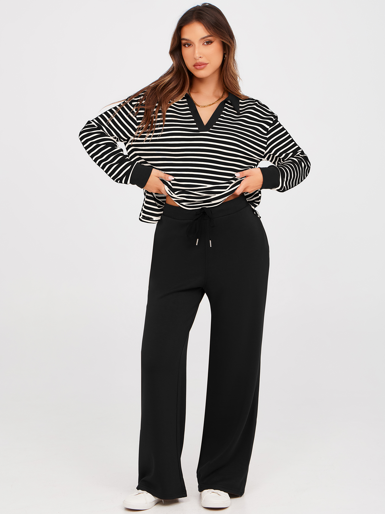 V-Neck Polo Striped Top Wide Leg Lounge Set