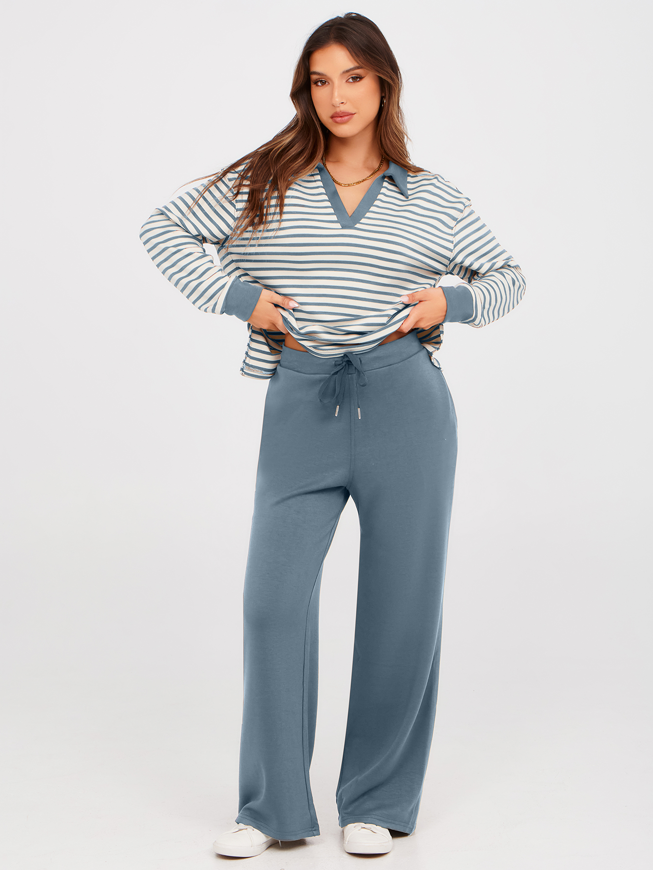 V-Neck Polo Striped Top Wide Leg Lounge Set