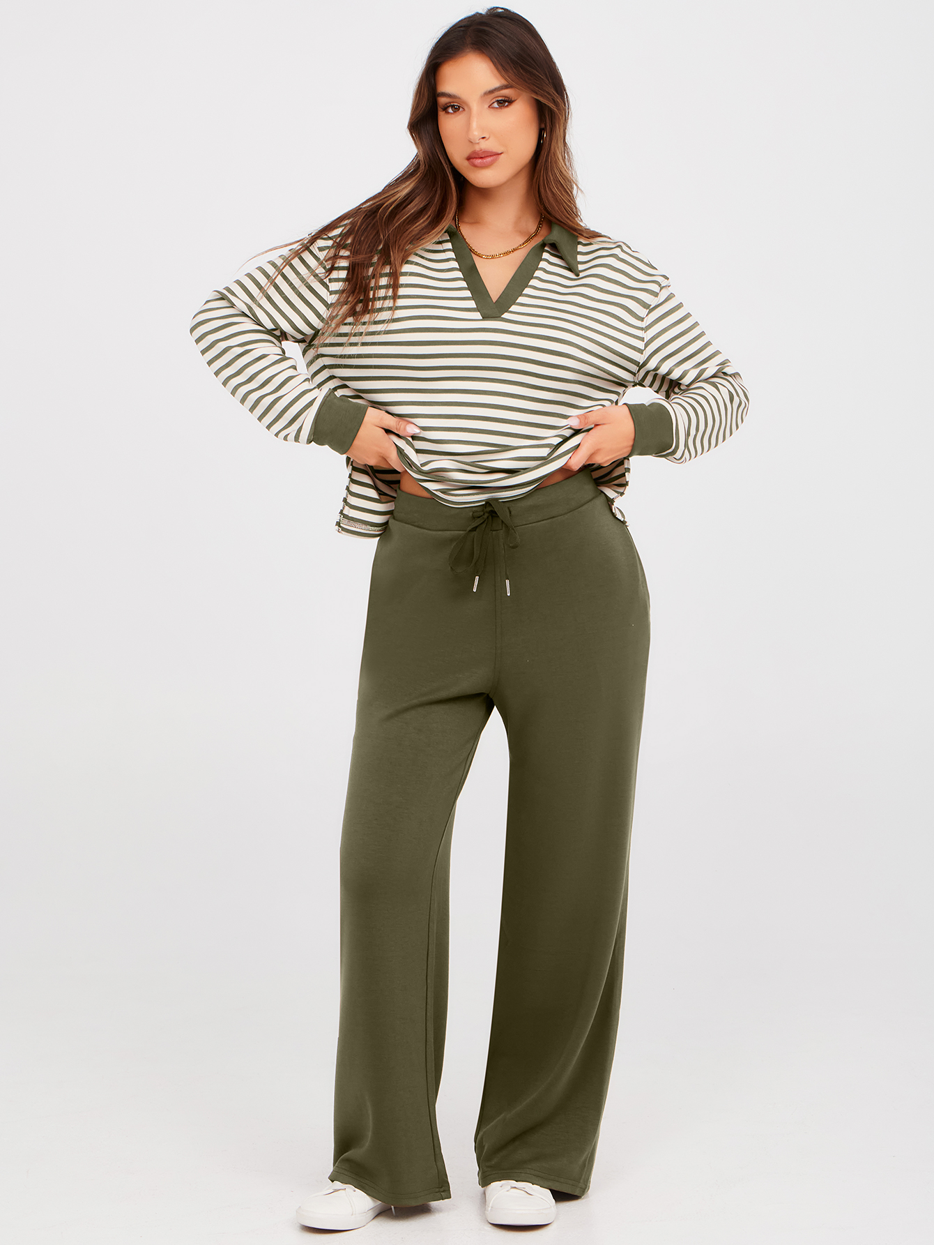 V-Neck Polo Striped Top Wide Leg Lounge Set