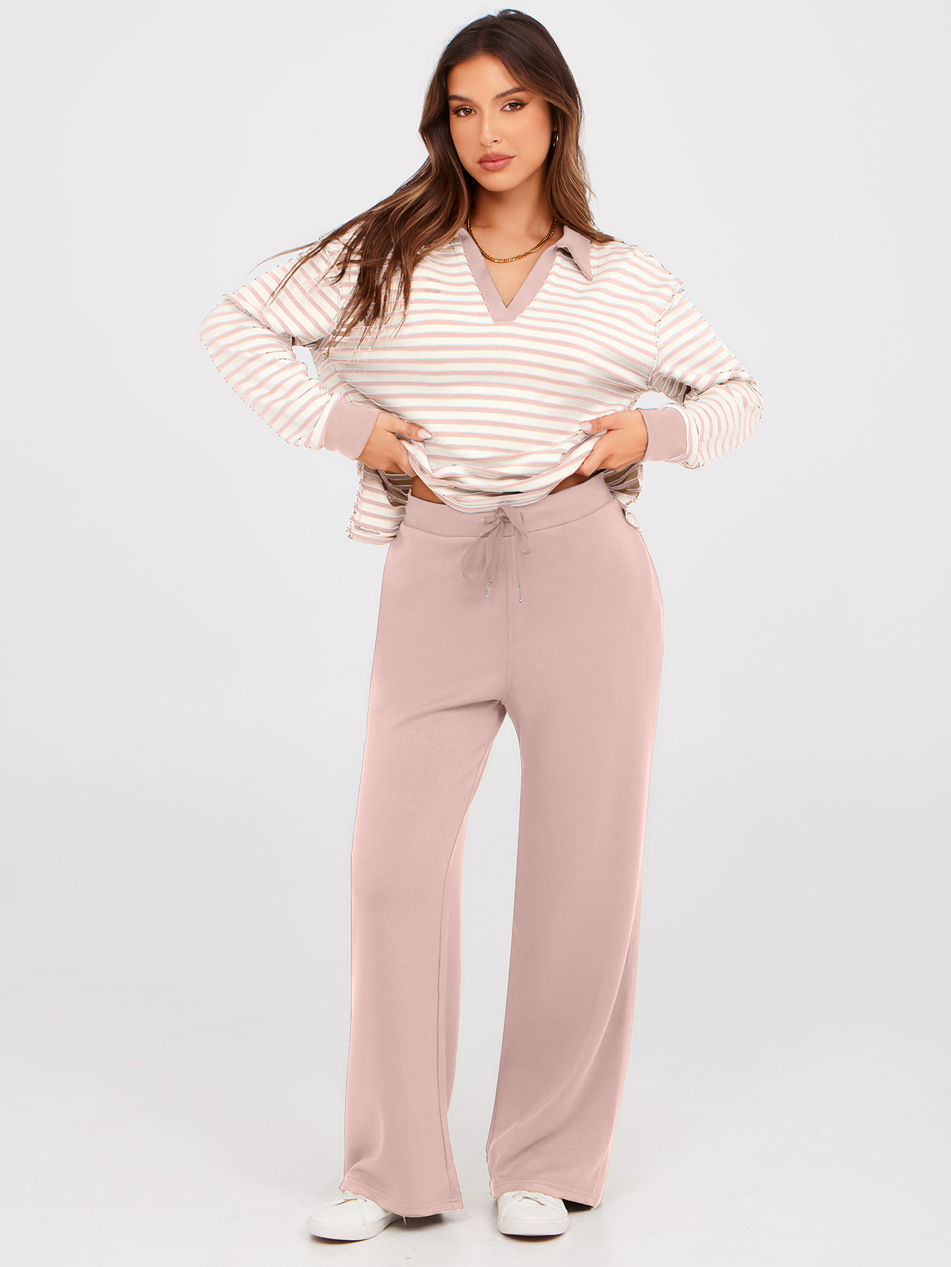 V-Neck Polo Striped Top Wide Leg Lounge Set