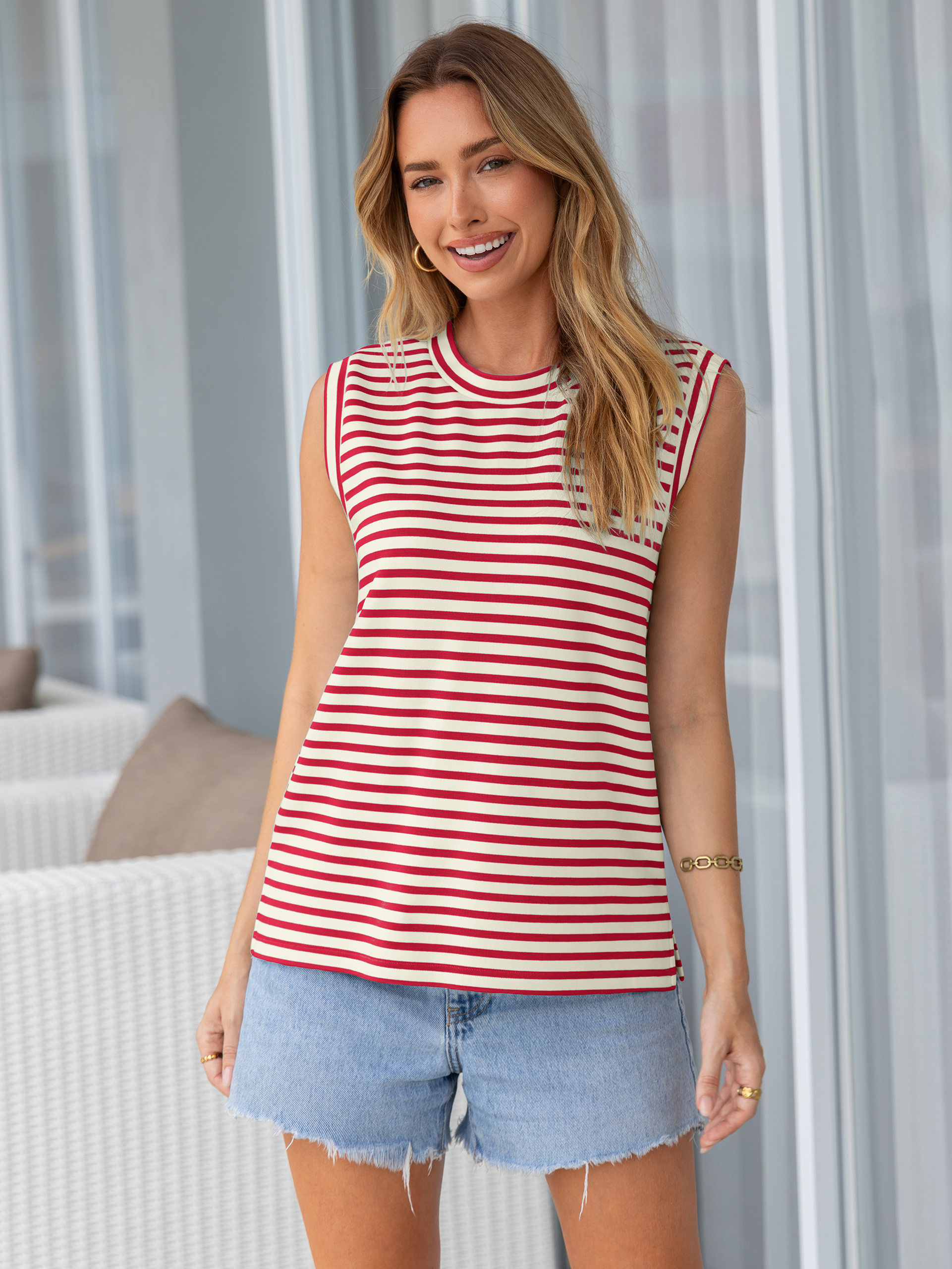Sleeveless Striped Crew Neck Tank Top with Side Slits